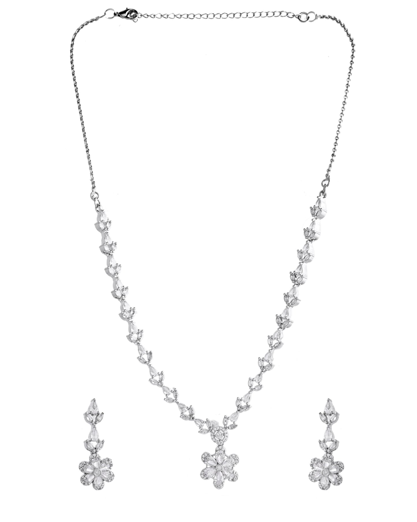 VOJ Silver Plated Floral AD Jewellery Set - Swadesiicart