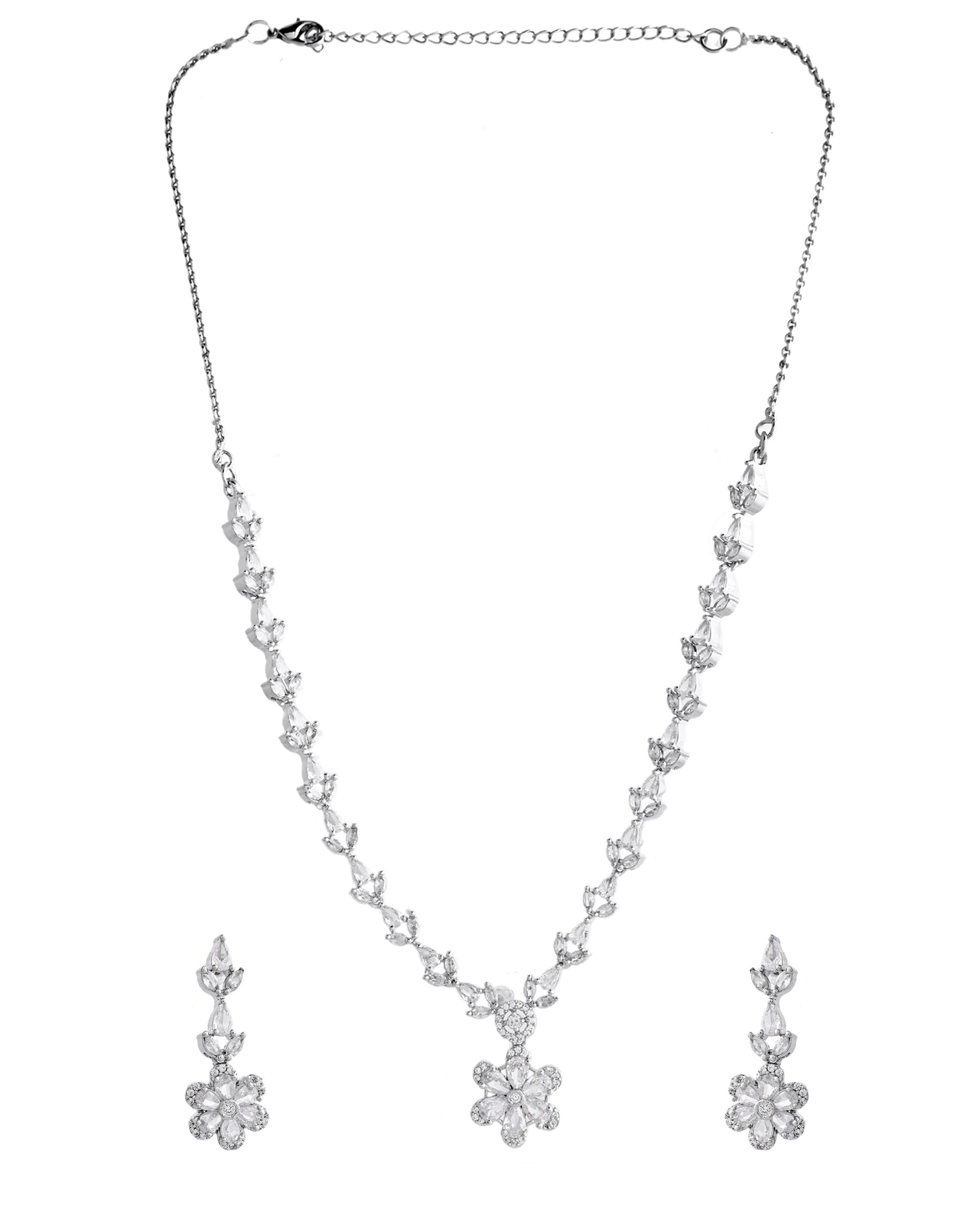 VOJ Silver Plated Floral AD Jewellery Set - Swadesiicart