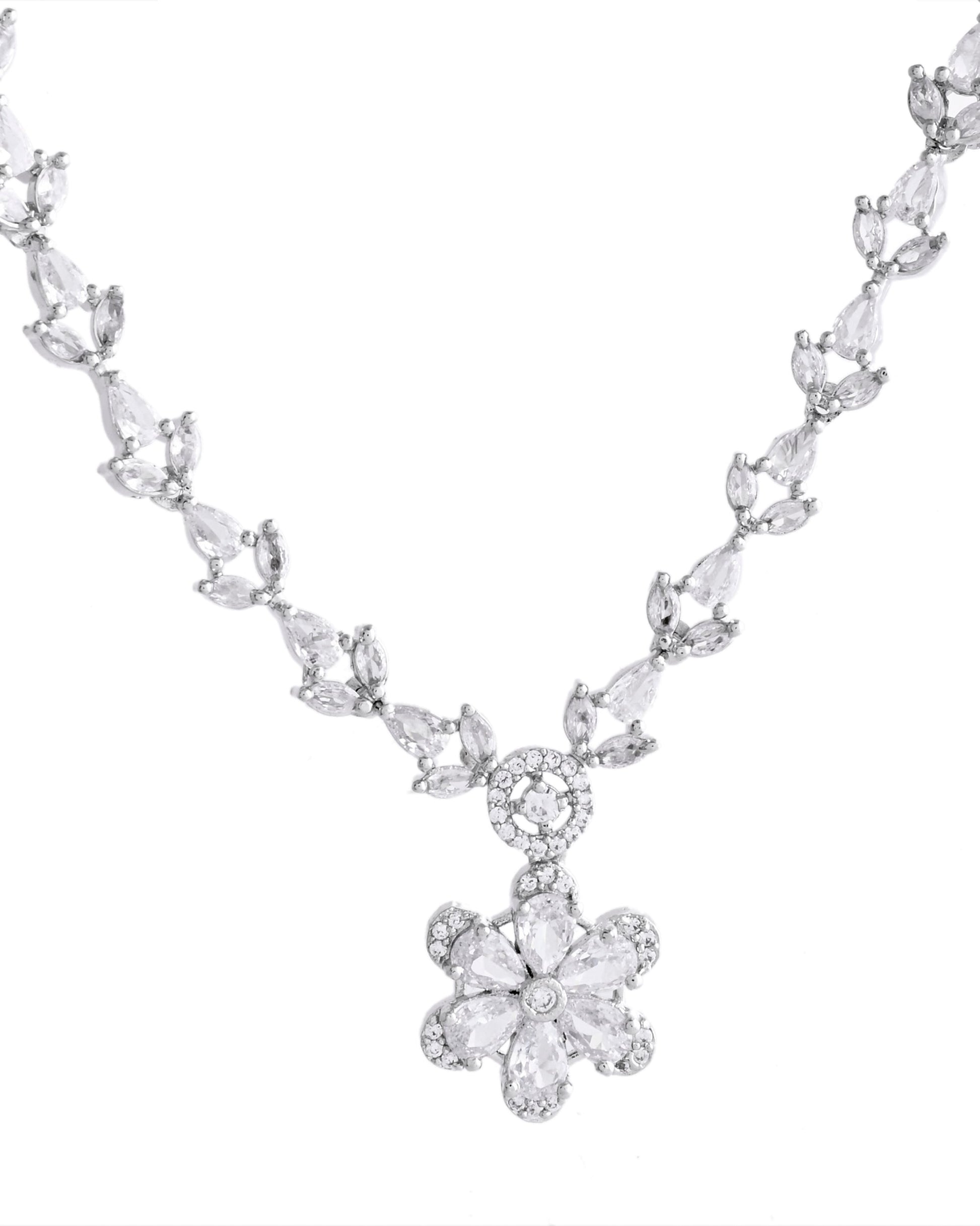 VOJ Silver Plated Floral AD Jewellery Set - Swadesiicart