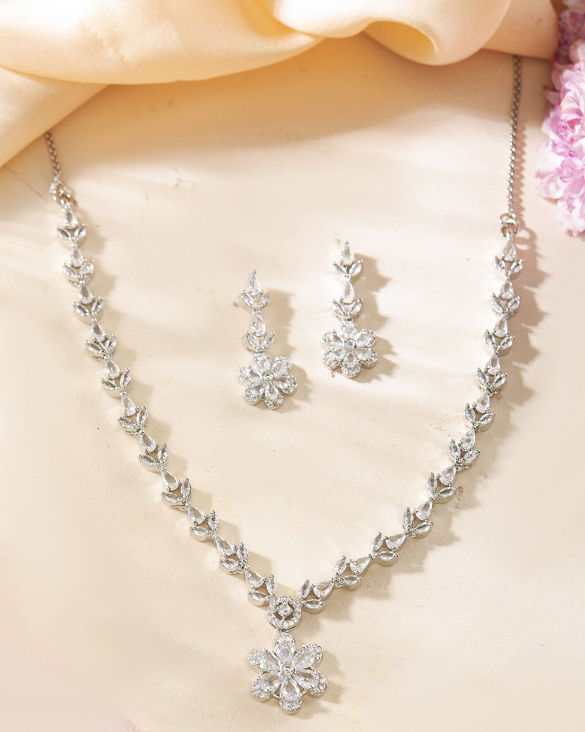 VOJ Silver Plated Floral AD Jewellery Set - Swadesiicart