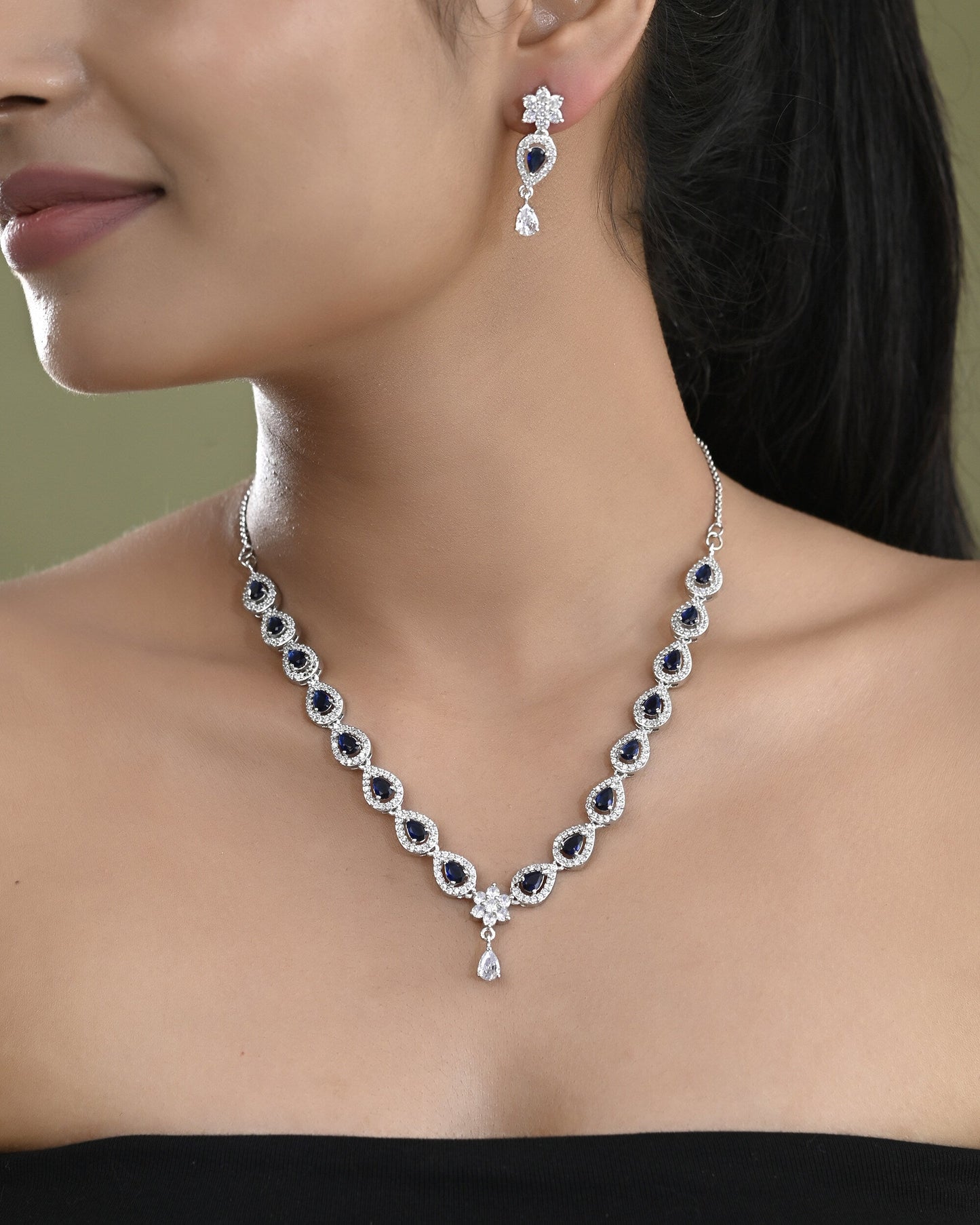 VOJ Silver Plated Dark Stone Tear Drop Shaped AD Jewellery Set - Swadesiicart