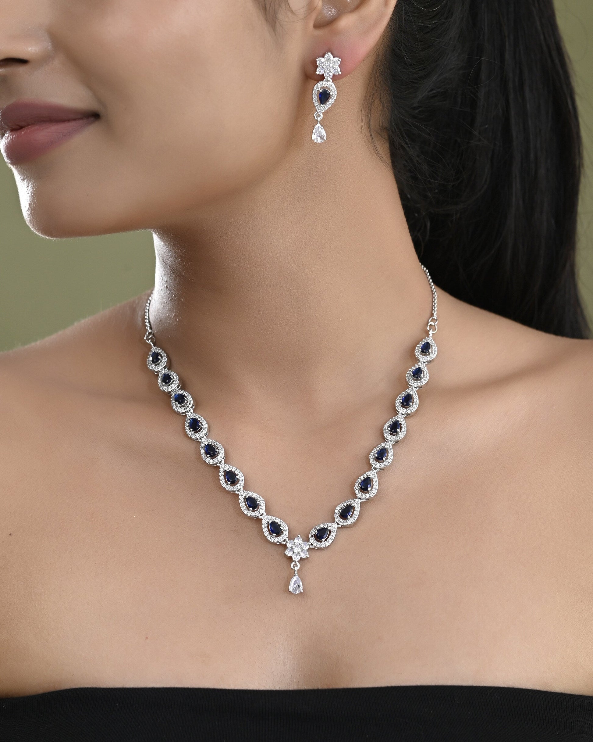VOJ Silver Plated Dark Stone Tear Drop Shaped AD Jewellery Set - Swadesiicart