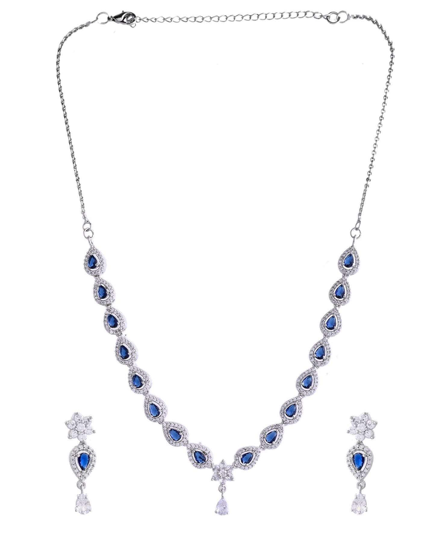 VOJ Silver Plated Dark Stone Tear Drop Shaped AD Jewellery Set - Swadesiicart