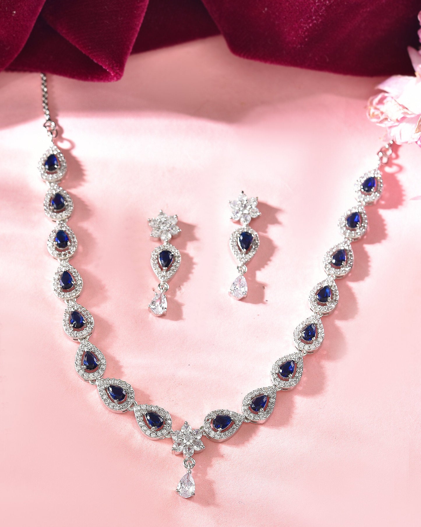 VOJ Silver Plated Dark Stone Tear Drop Shaped AD Jewellery Set - Swadesiicart