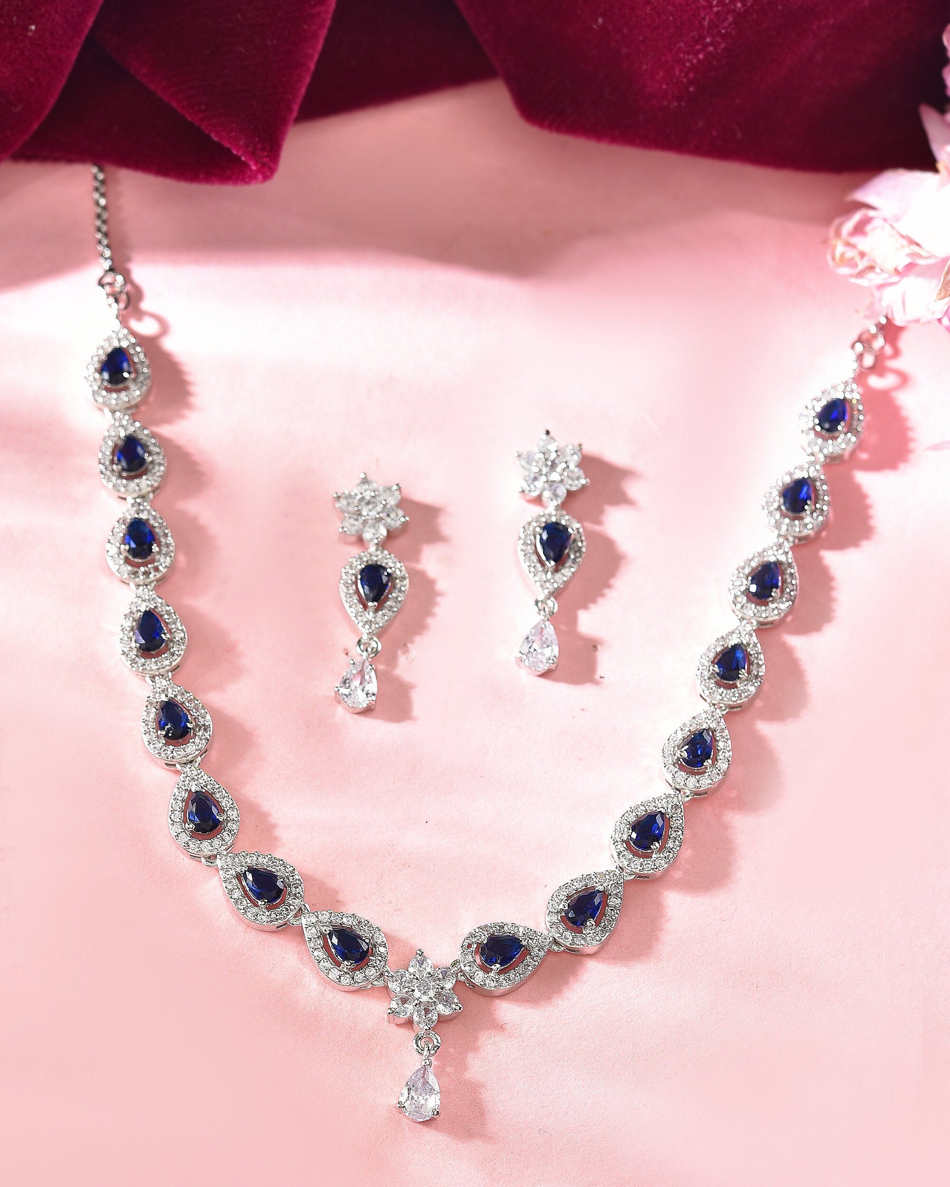 VOJ Silver Plated Dark Stone Tear Drop Shaped AD Jewellery Set - Swadesiicart