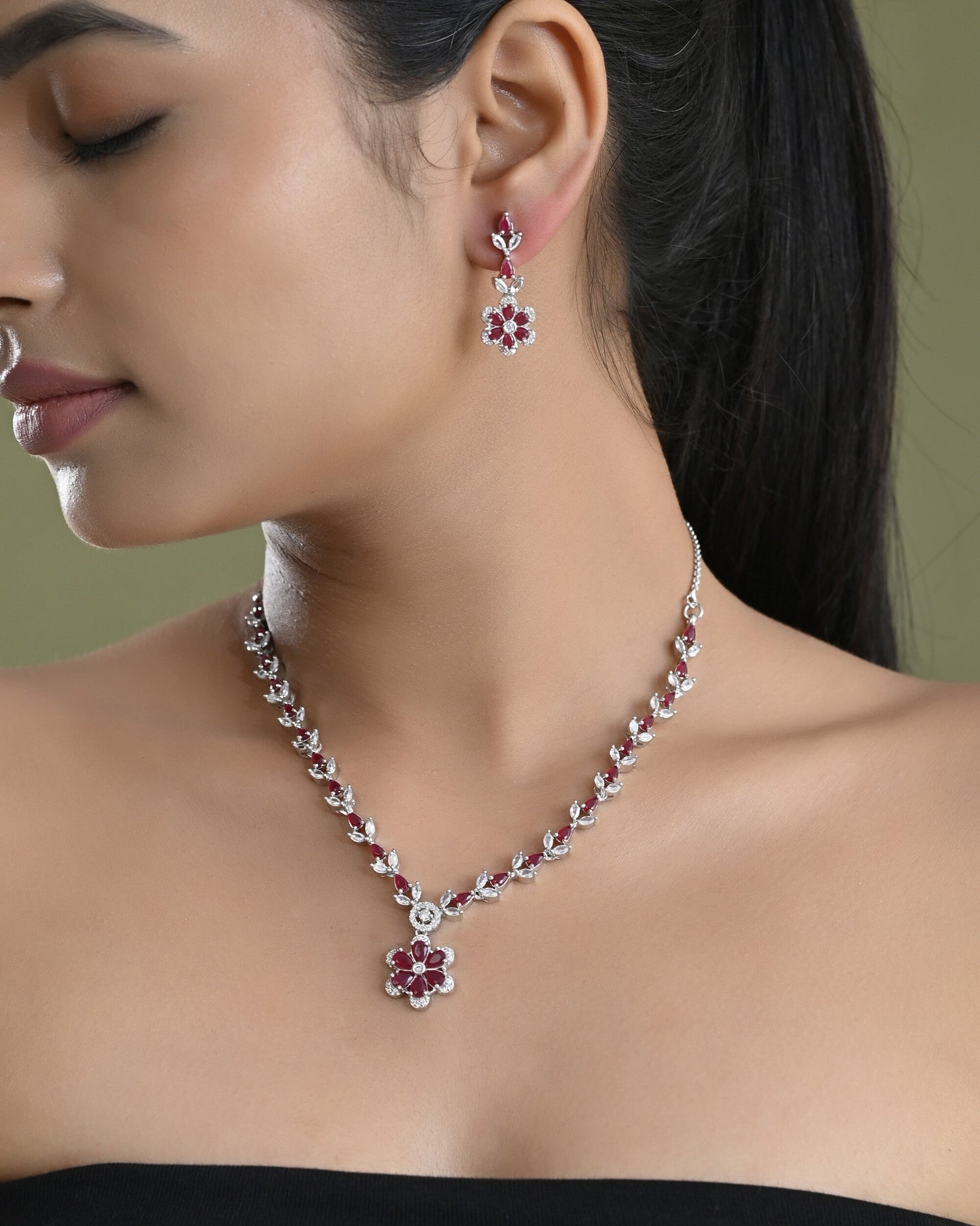 VOJ Silver Plated Marron Stone Floral AD Jewellery Set - Swadesiicart