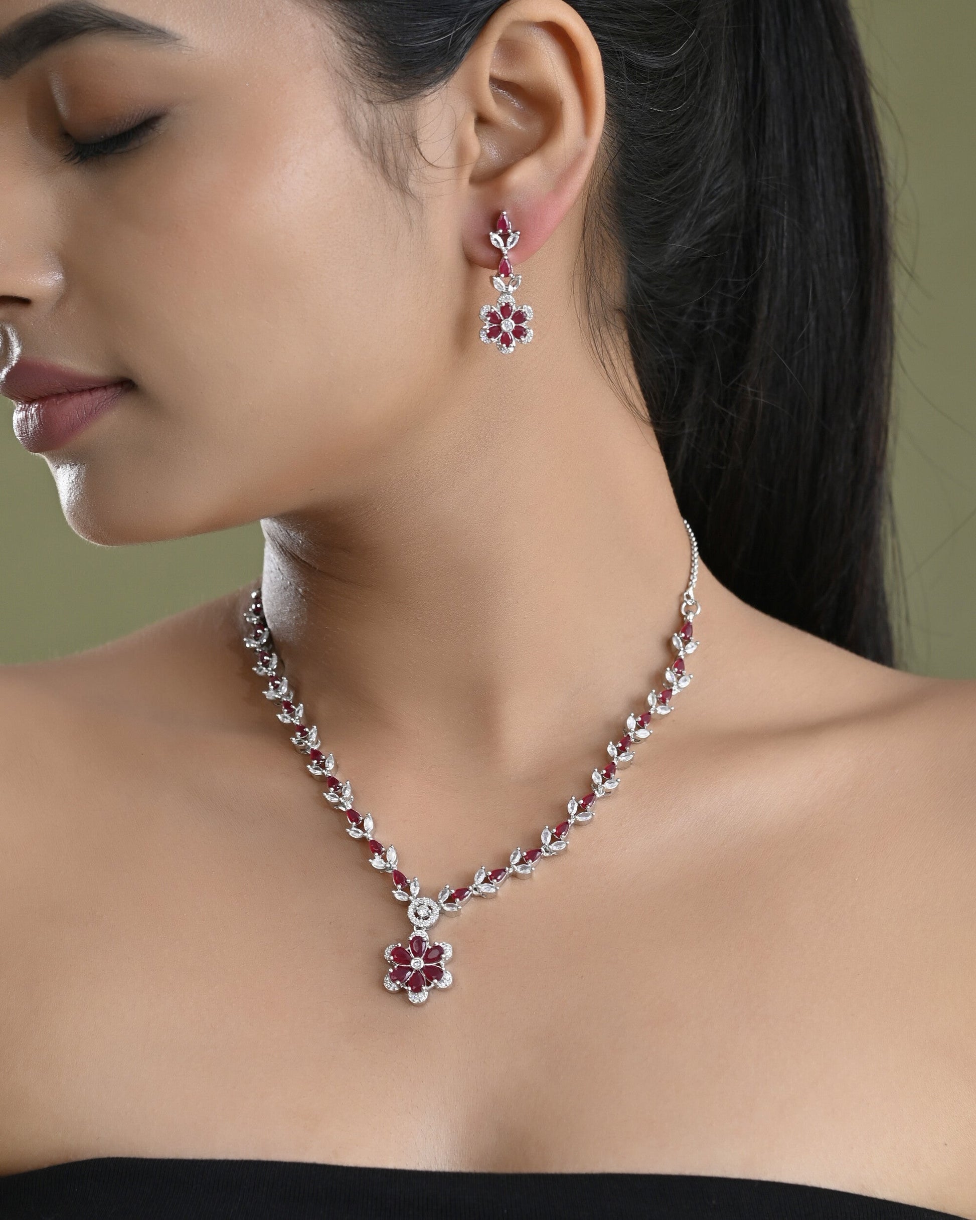 VOJ Silver Plated Marron Stone Floral AD Jewellery Set - Swadesiicart
