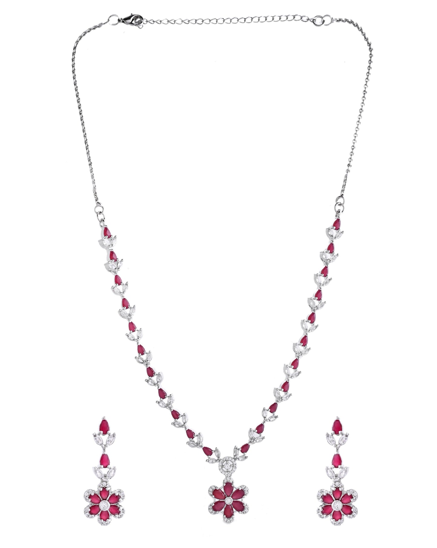 VOJ Silver Plated Marron Stone Floral AD Jewellery Set - Swadesiicart