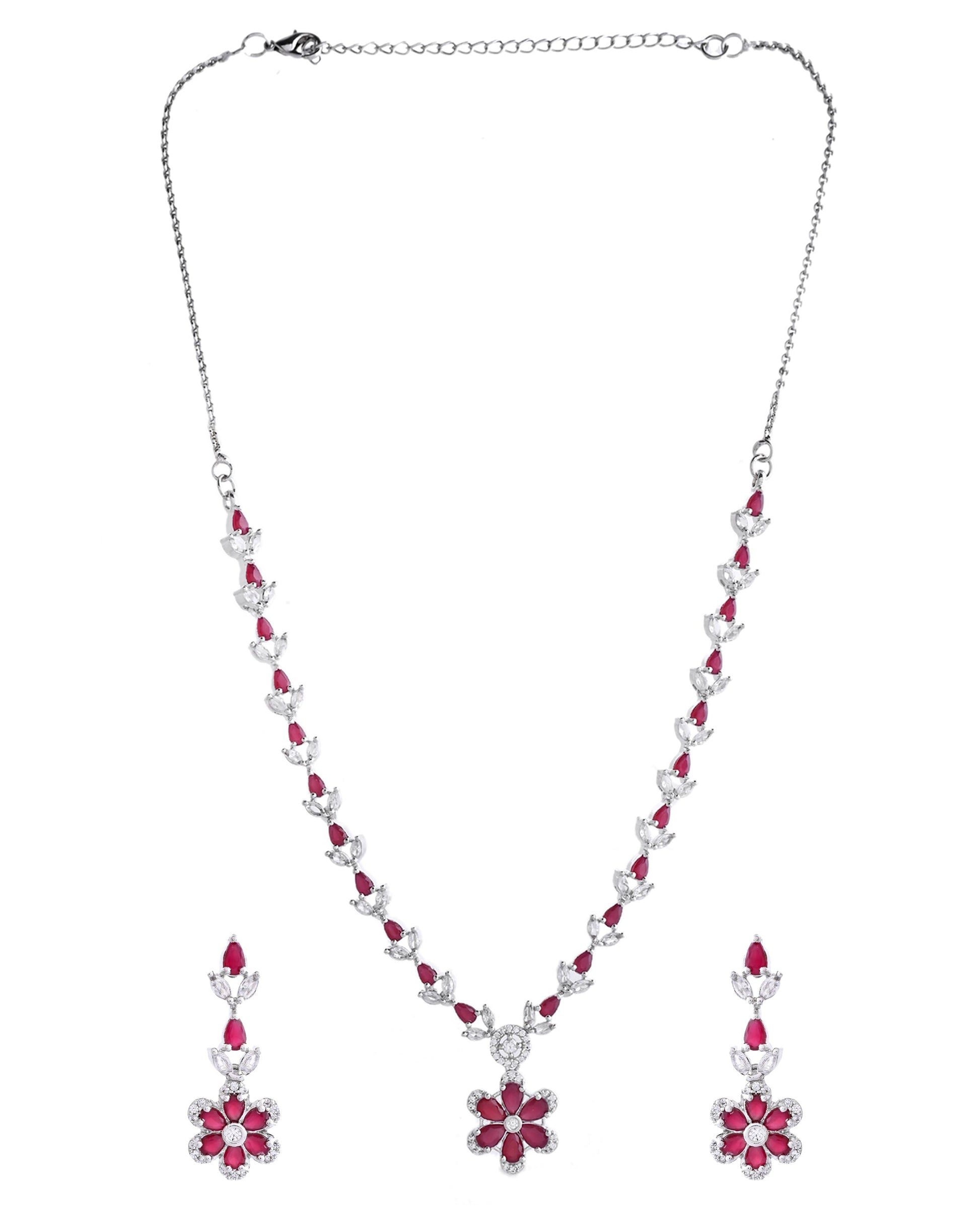 VOJ Silver Plated Marron Stone Floral AD Jewellery Set - Swadesiicart