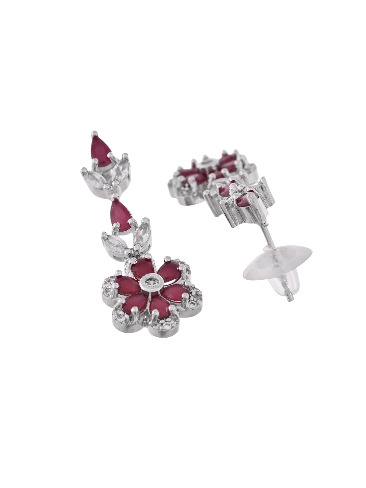 VOJ Silver Plated Marron Stone Floral AD Jewellery Set - Swadesiicart
