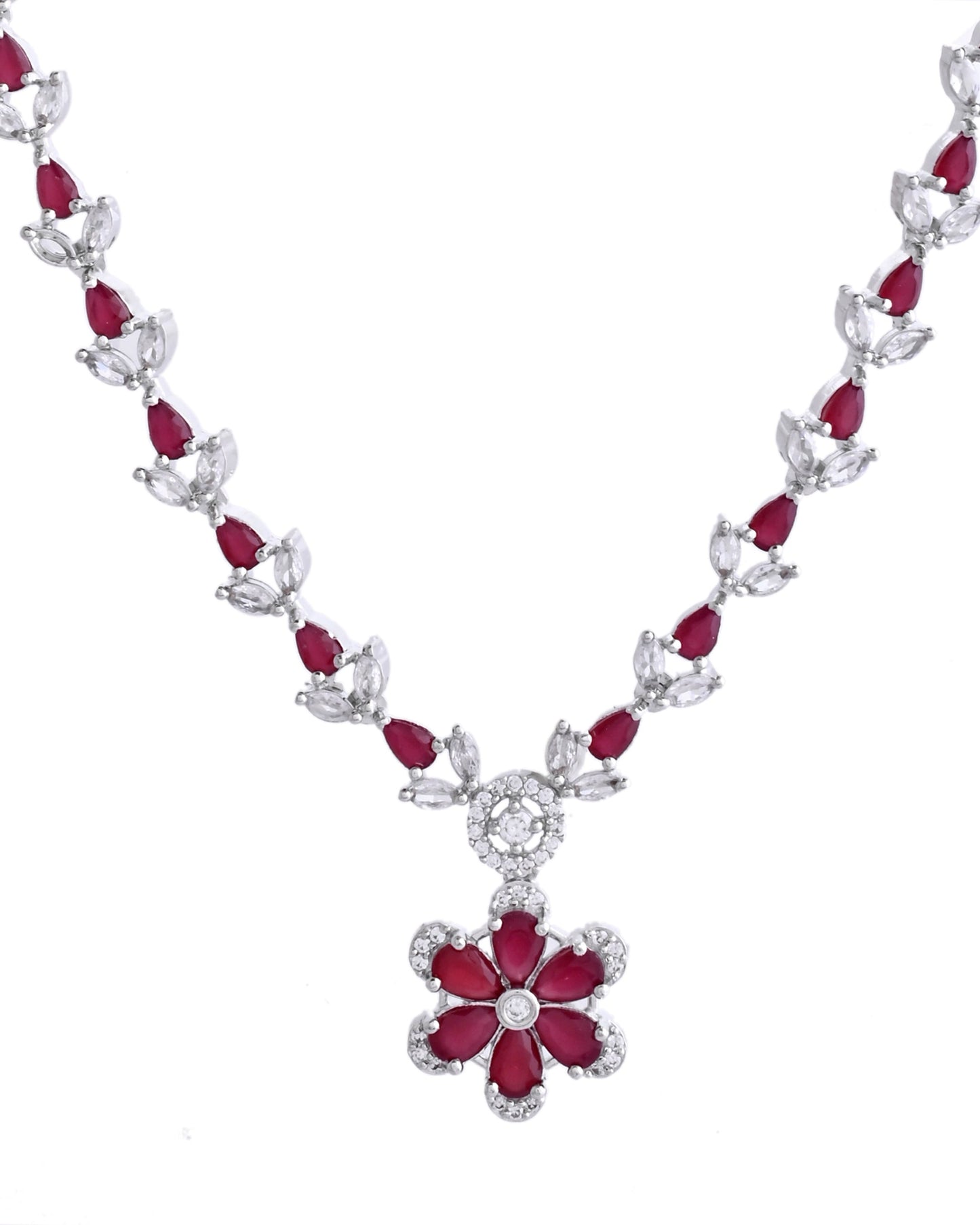 VOJ Silver Plated Marron Stone Floral AD Jewellery Set - Swadesiicart