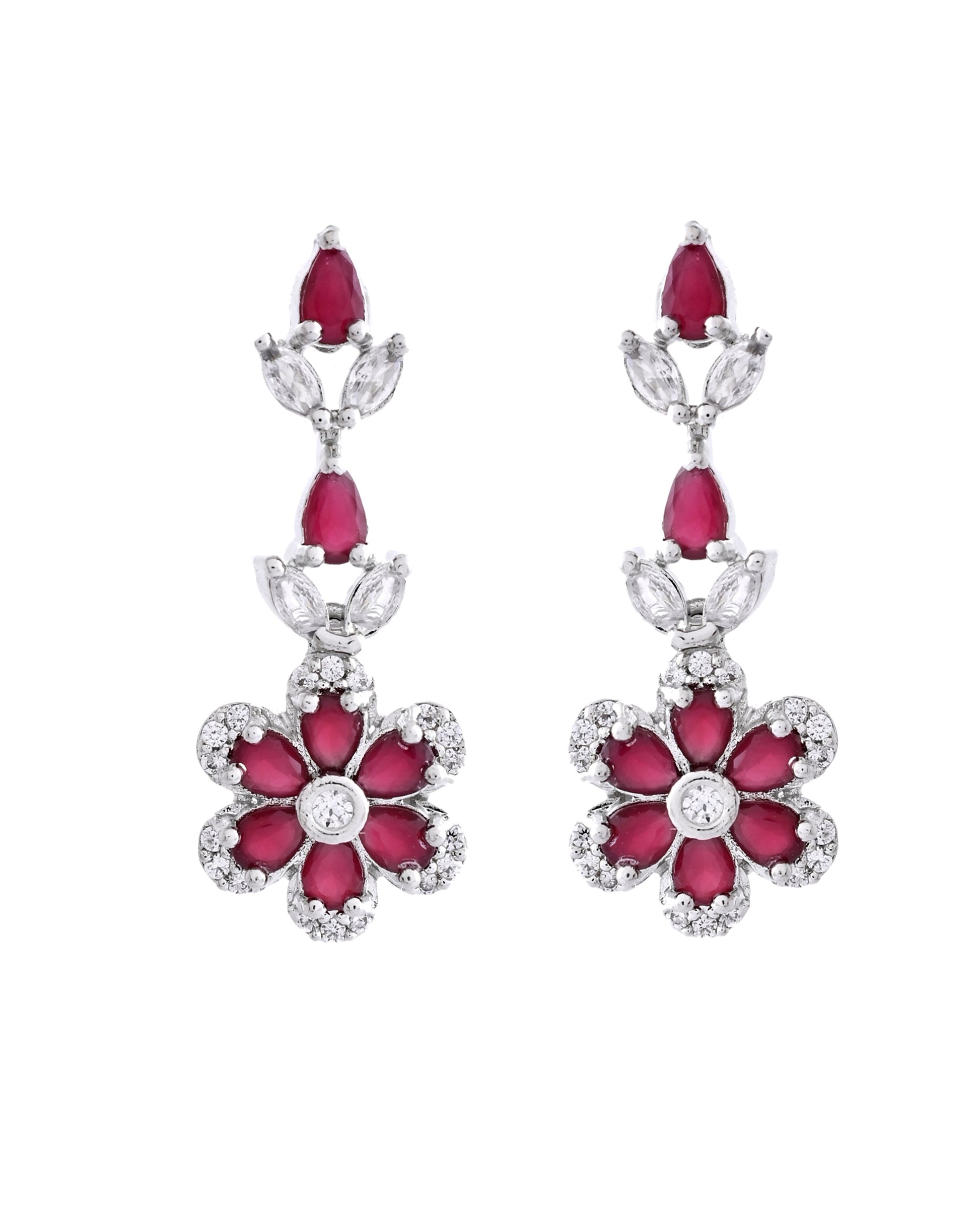 VOJ Silver Plated Marron Stone Floral AD Jewellery Set - Swadesiicart
