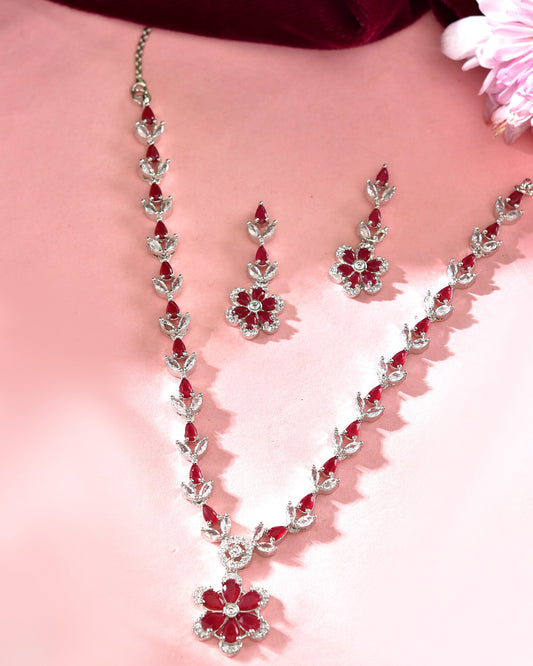 VOJ Silver Plated Marron Stone Floral AD Jewellery Set - Swadesiicart