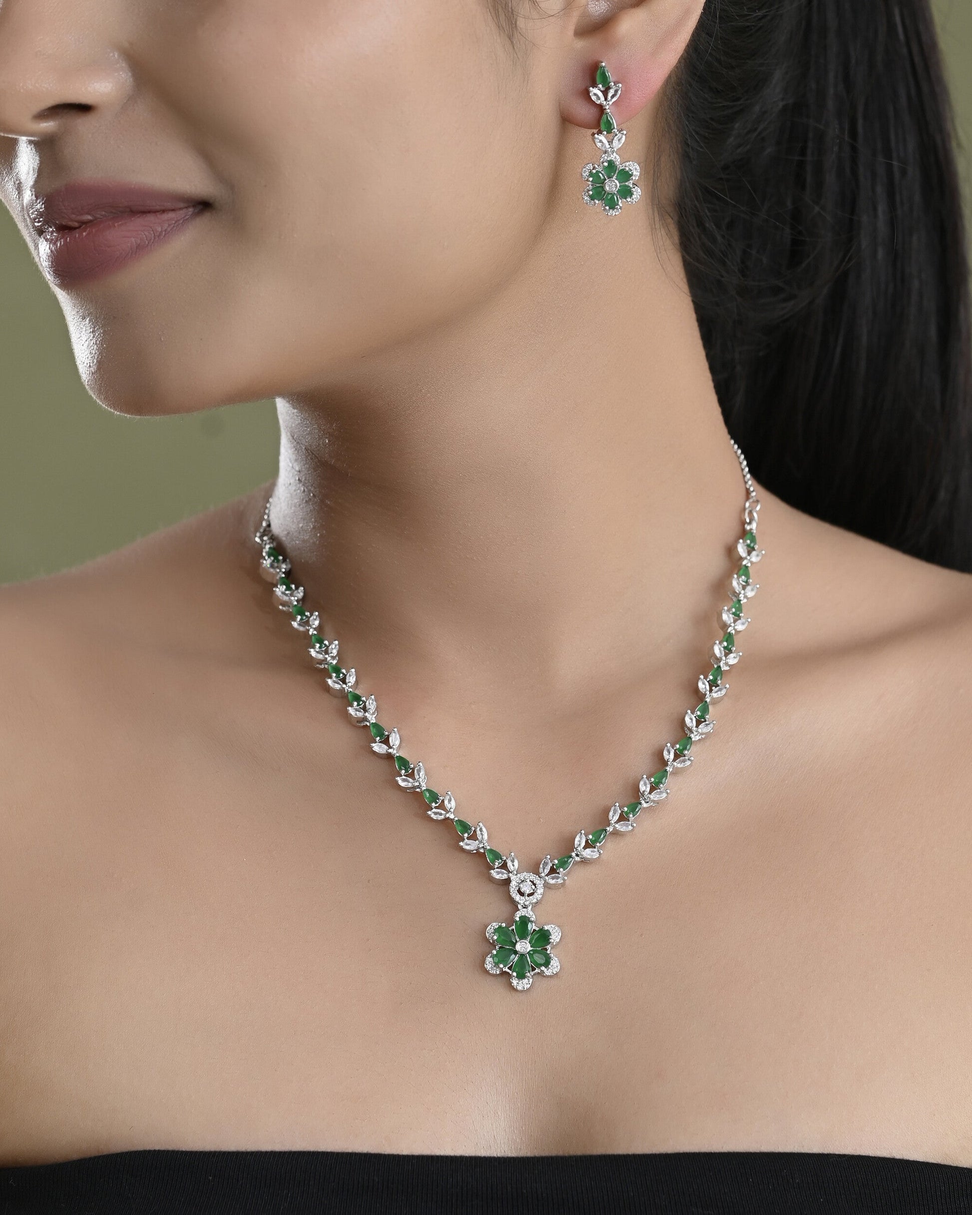 VOJ Silver Plated Green Stone Floral AD Jewellery Set - Swadesiicart