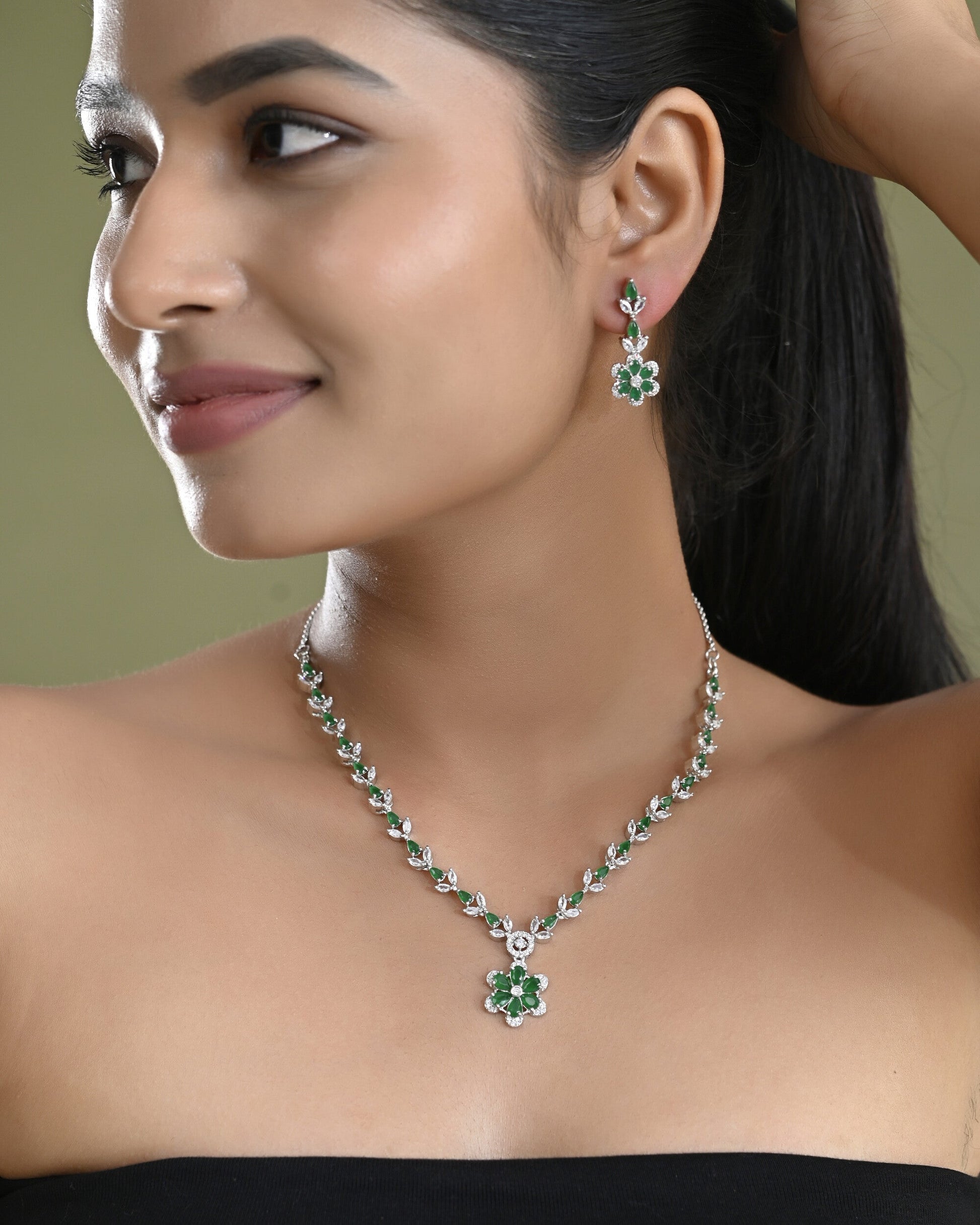 VOJ Silver Plated Green Stone Floral AD Jewellery Set - Swadesiicart