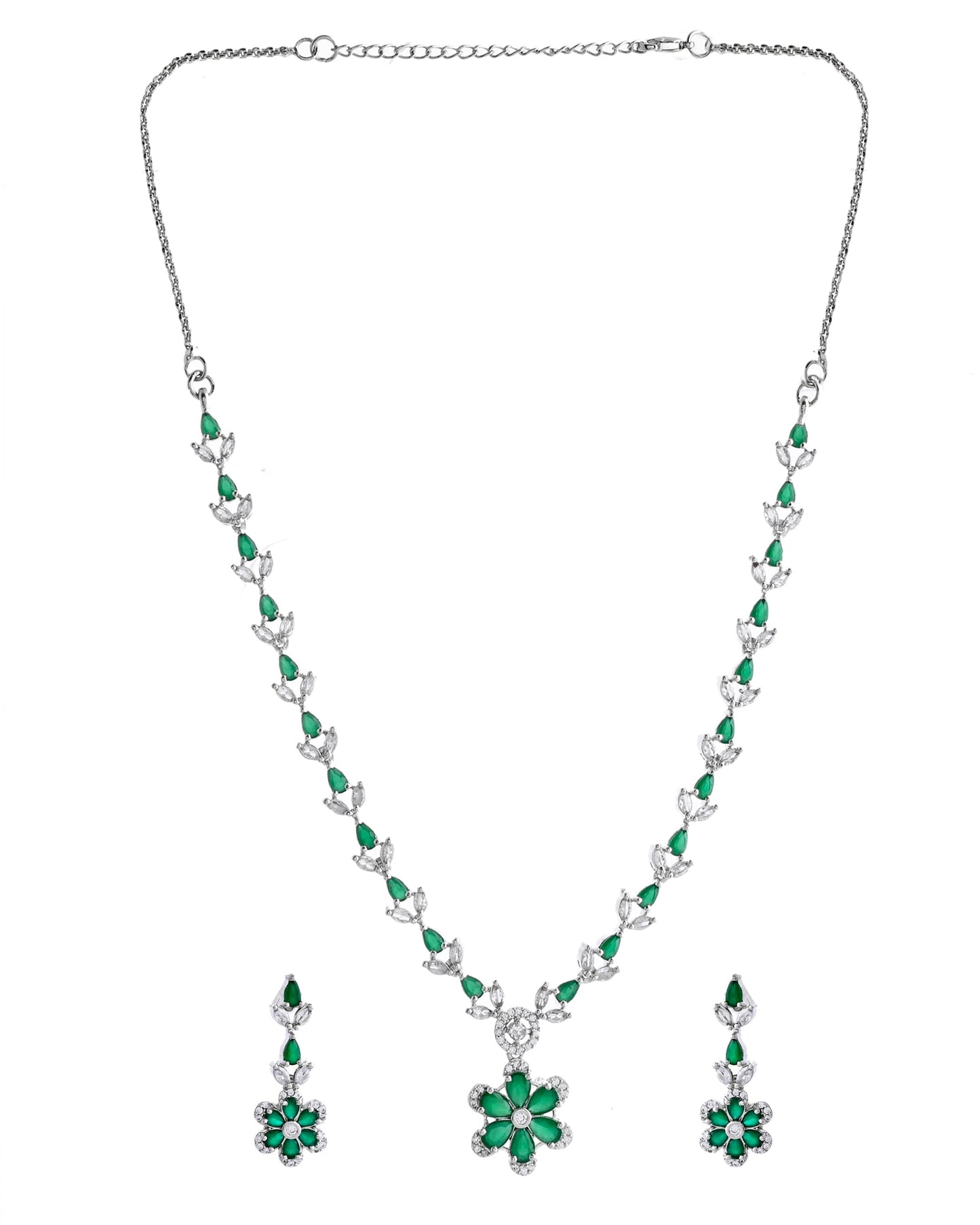 VOJ Silver Plated Green Stone Floral AD Jewellery Set - Swadesiicart