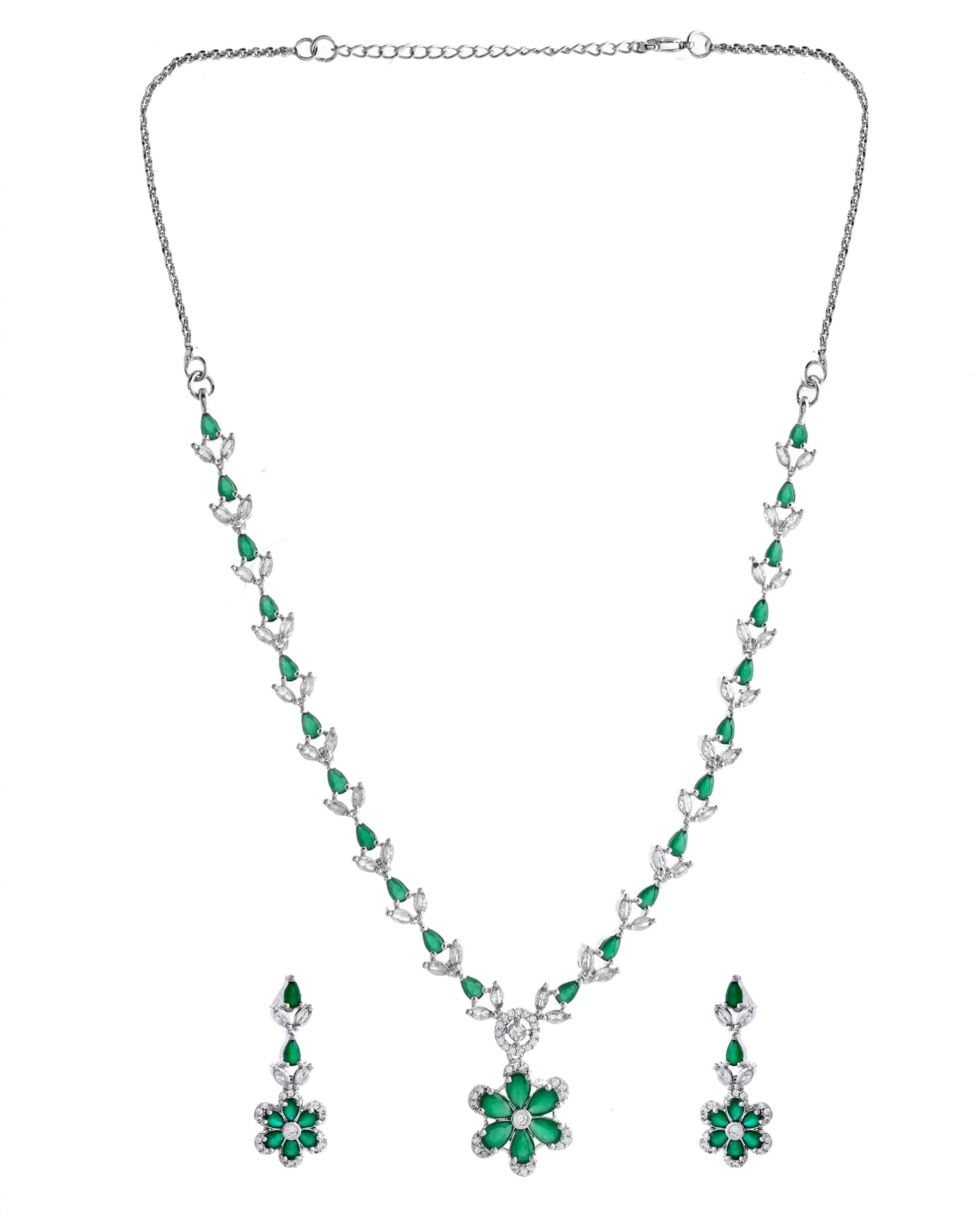 VOJ Silver Plated Green Stone Floral AD Jewellery Set - Swadesiicart