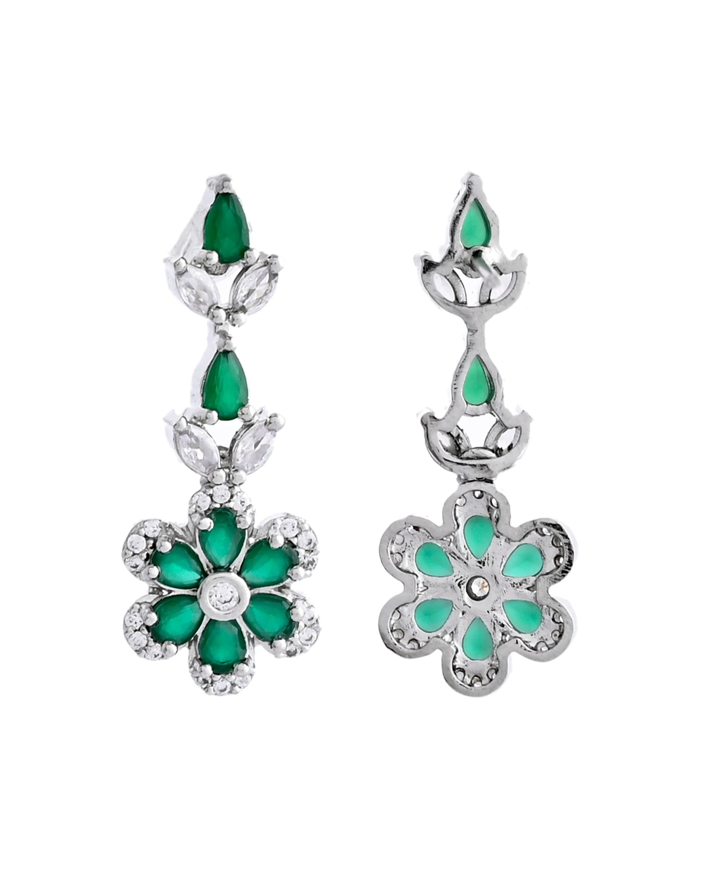 VOJ Silver Plated Green Stone Floral AD Jewellery Set - Swadesiicart