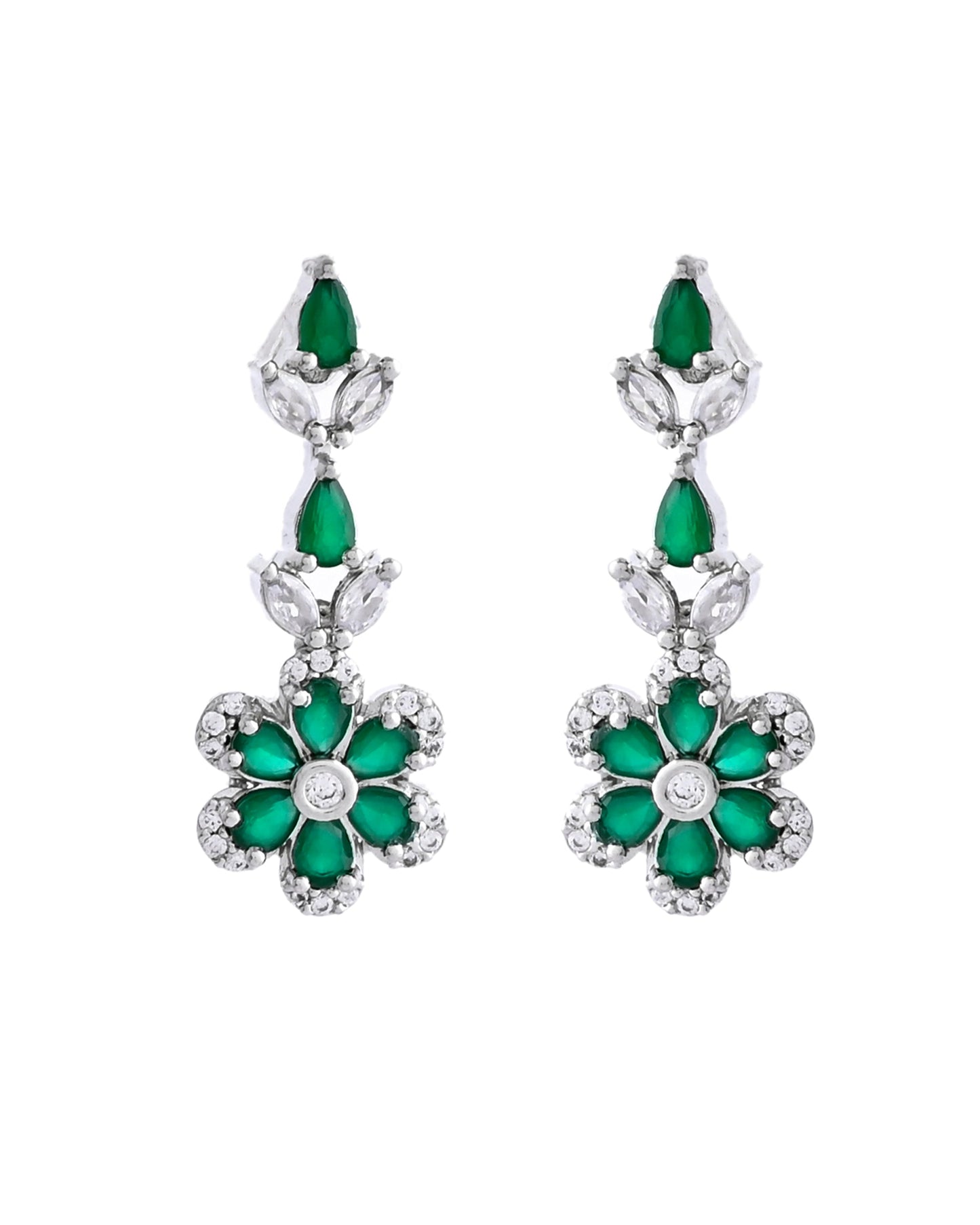VOJ Silver Plated Green Stone Floral AD Jewellery Set - Swadesiicart
