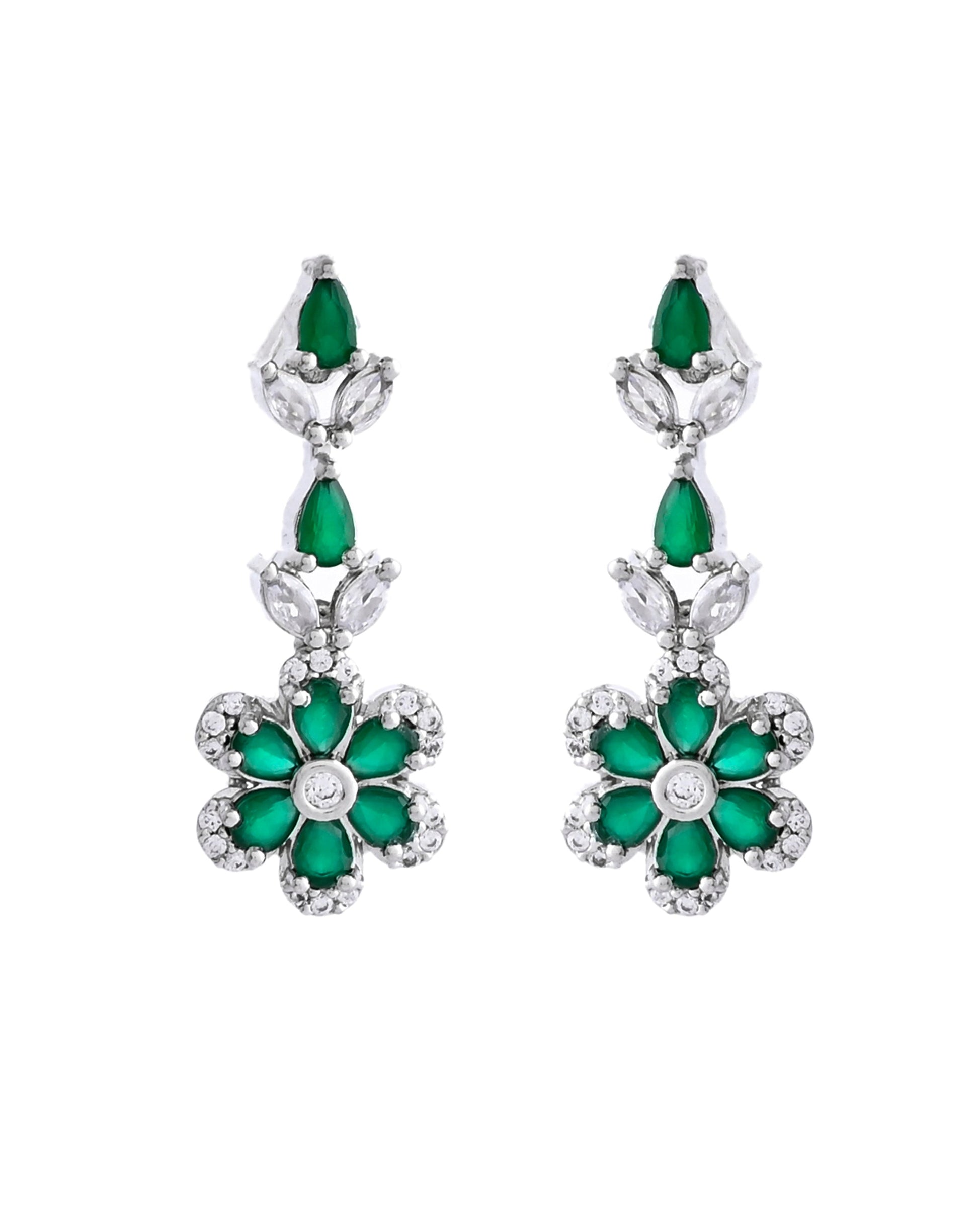 VOJ Silver Plated Green Stone Floral AD Jewellery Set - Swadesiicart