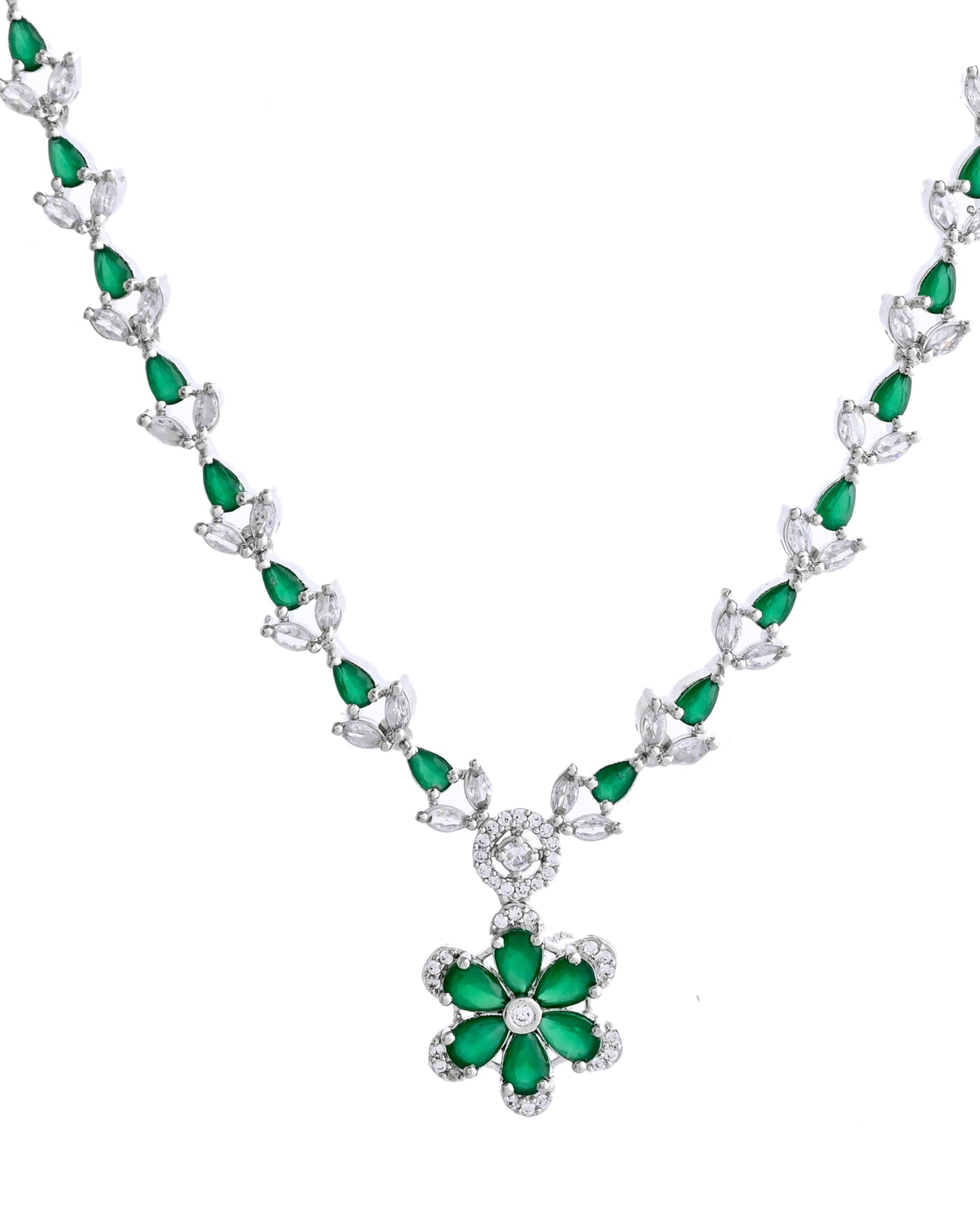 VOJ Silver Plated Green Stone Floral AD Jewellery Set - Swadesiicart