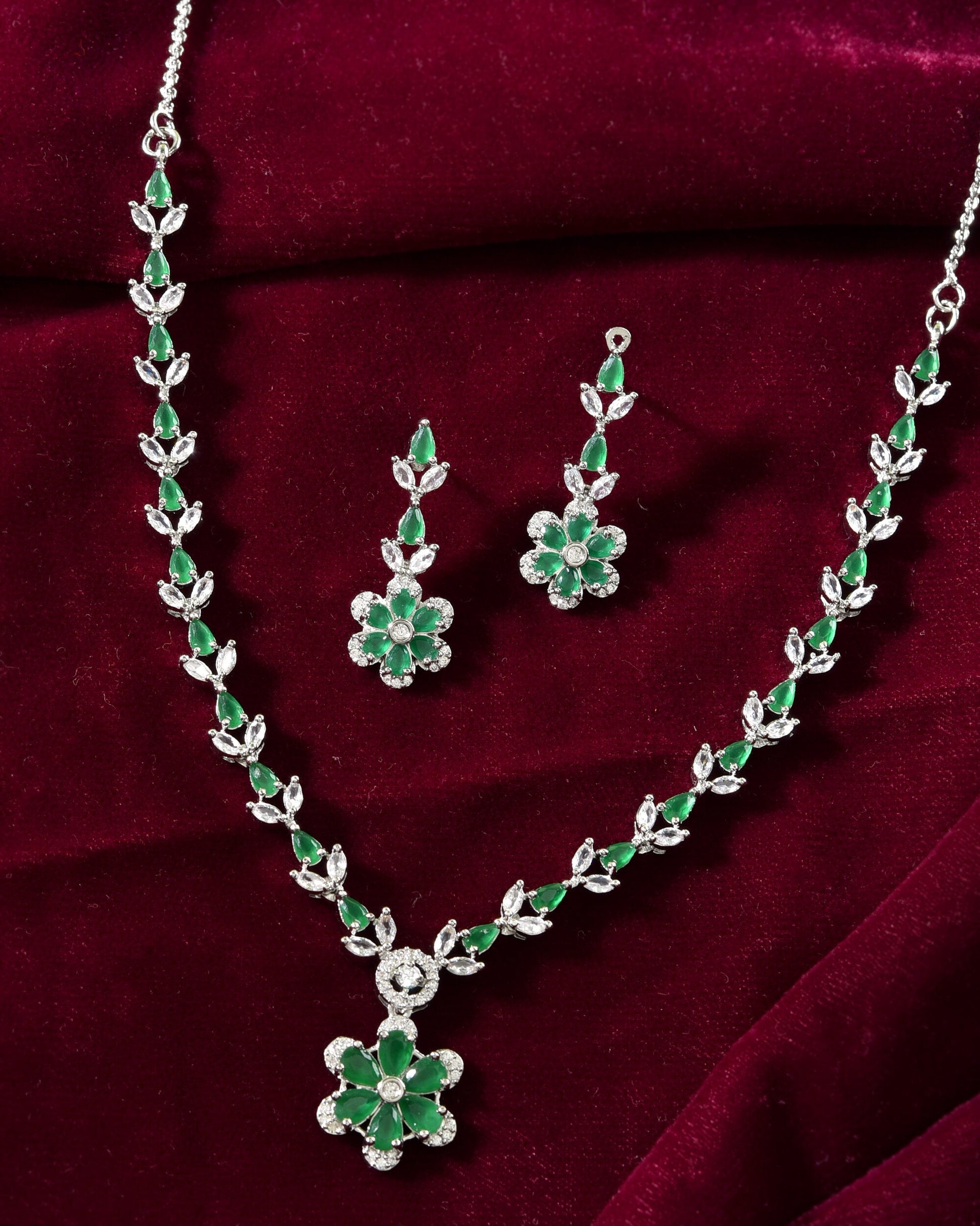 VOJ Silver Plated Green Stone Floral AD Jewellery Set - Swadesiicart