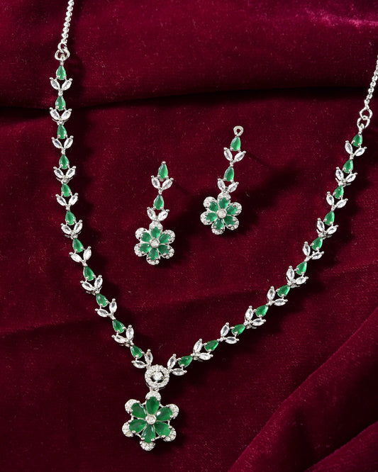 VOJ Silver Plated Green Stone Floral AD Jewellery Set - Swadesiicart