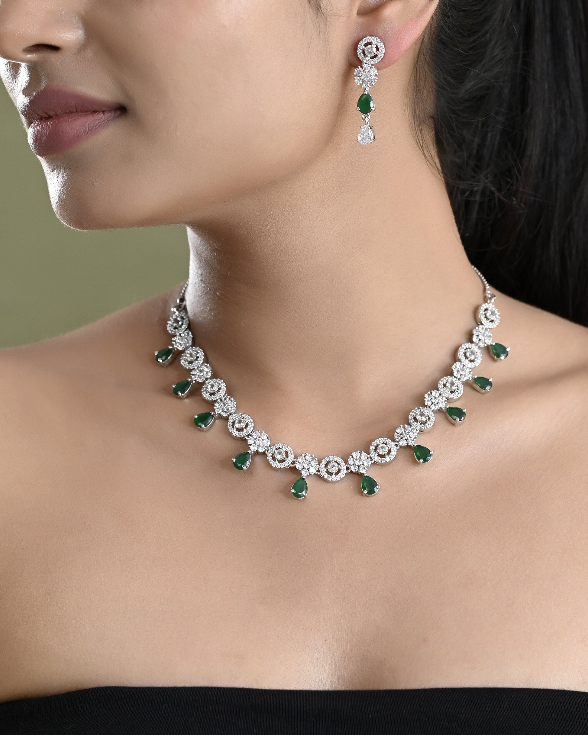 VOJ Silver Plated Green Stone Cricular AD Jewellery Set - Swadesiicart