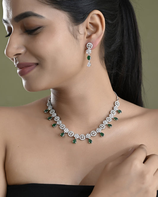 VOJ Silver Plated Green Stone Cricular AD Jewellery Set - Swadesiicart