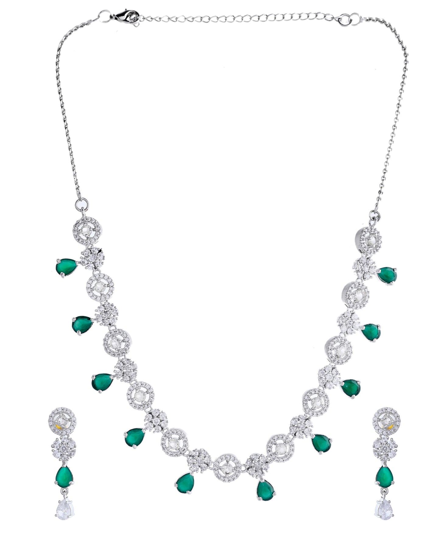 VOJ Silver Plated Green Stone Cricular AD Jewellery Set - Swadesiicart
