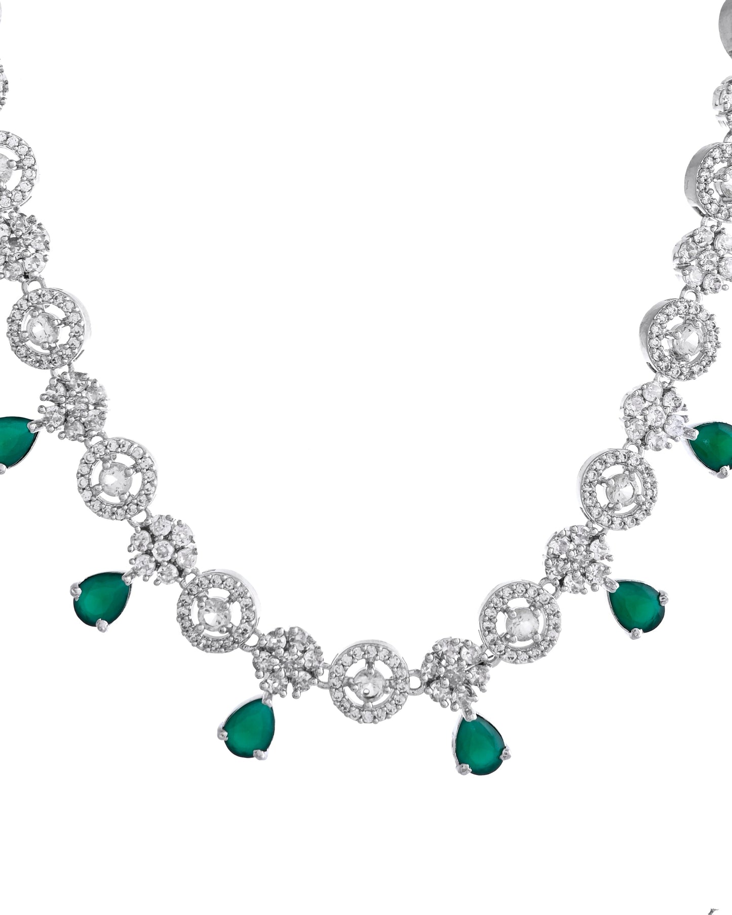 VOJ Silver Plated Green Stone Cricular AD Jewellery Set - Swadesiicart