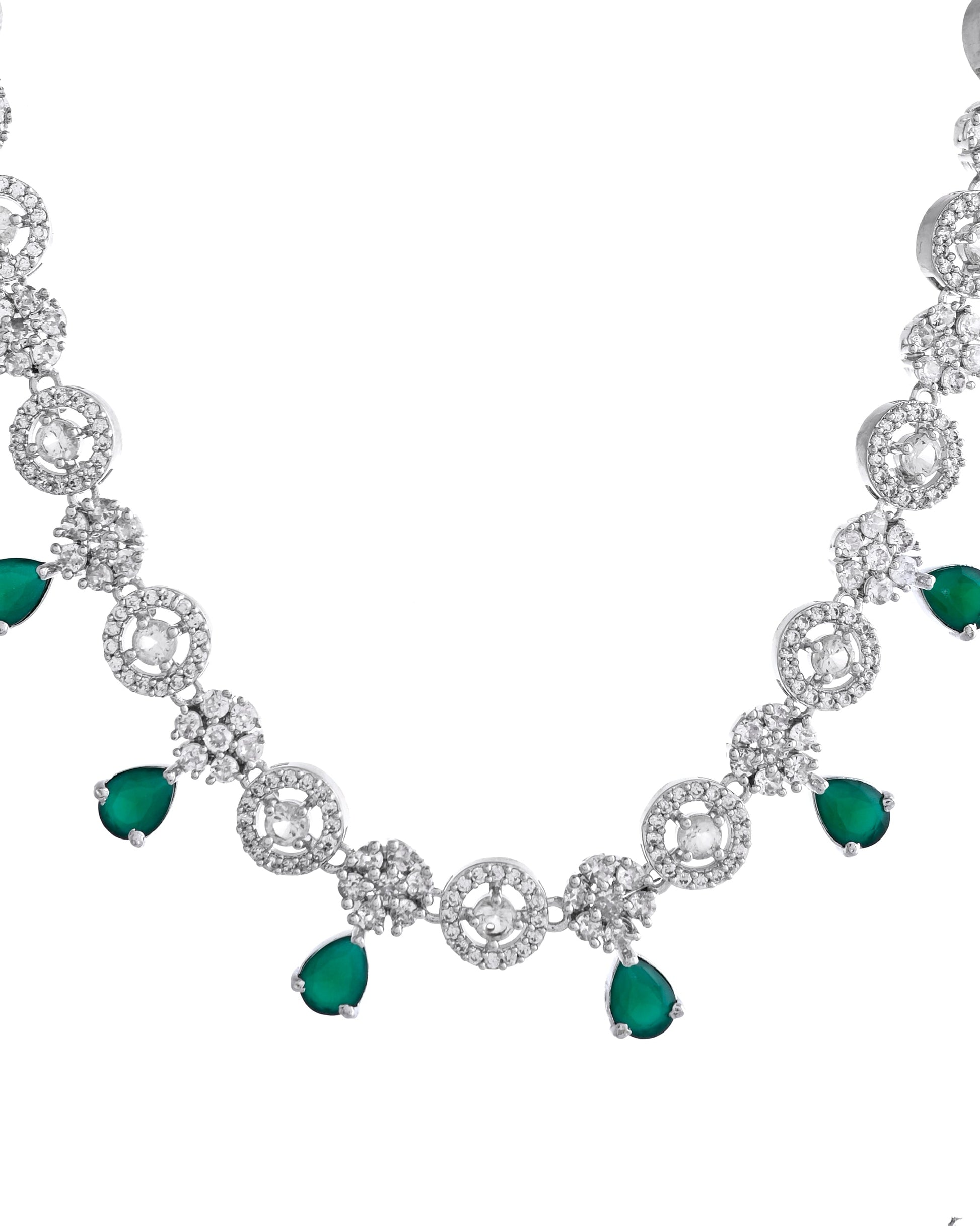 VOJ Silver Plated Green Stone Cricular AD Jewellery Set - Swadesiicart