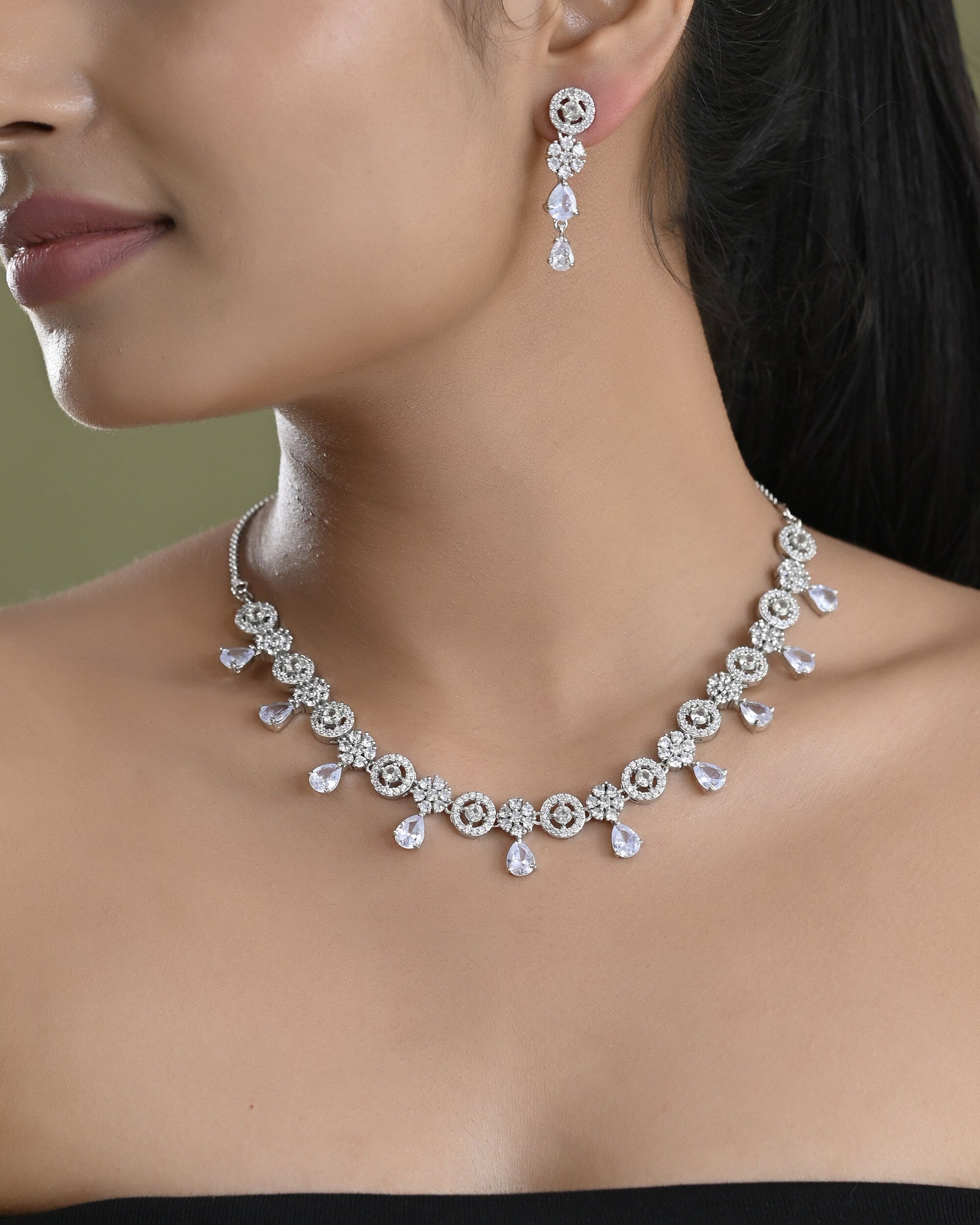 VOJ Silver Plated Floral And Cricular AD Jewellery Set - Swadesiicart