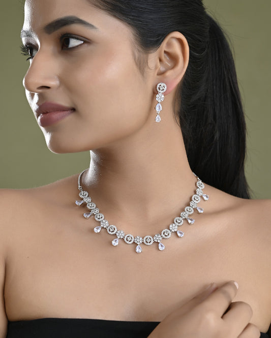 VOJ Silver Plated Floral And Cricular AD Jewellery Set - Swadesiicart