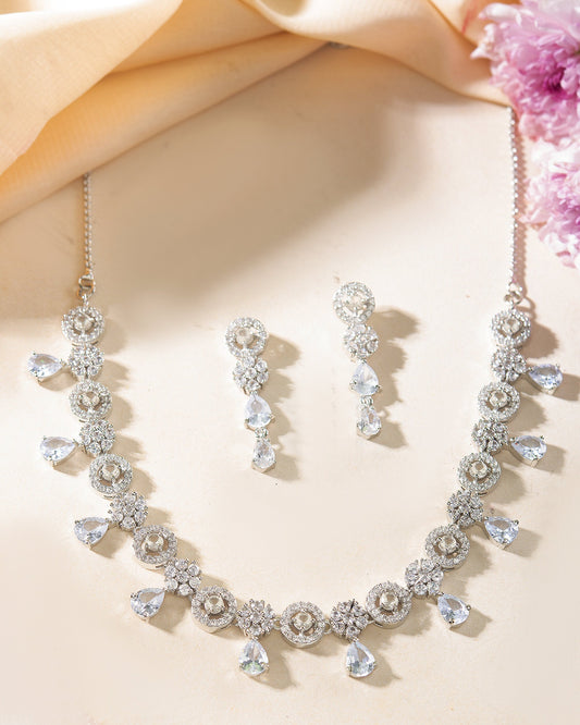 VOJ Silver Plated Floral And Cricular AD Jewellery Set - Swadesiicart