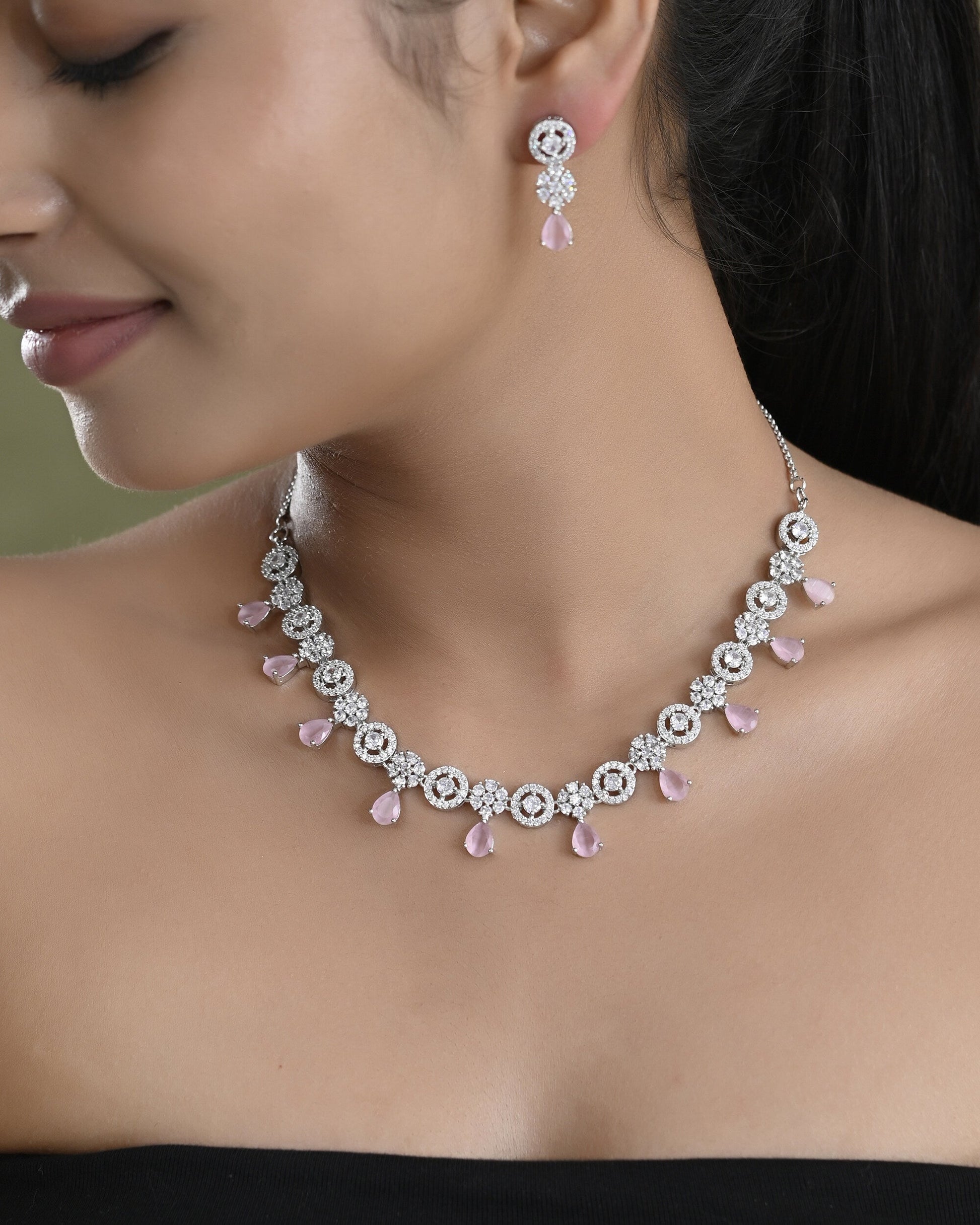 VOJ Silver Plated Baby Pink Stone Floral And Cricular AD Jewellery Set - Swadesiicart