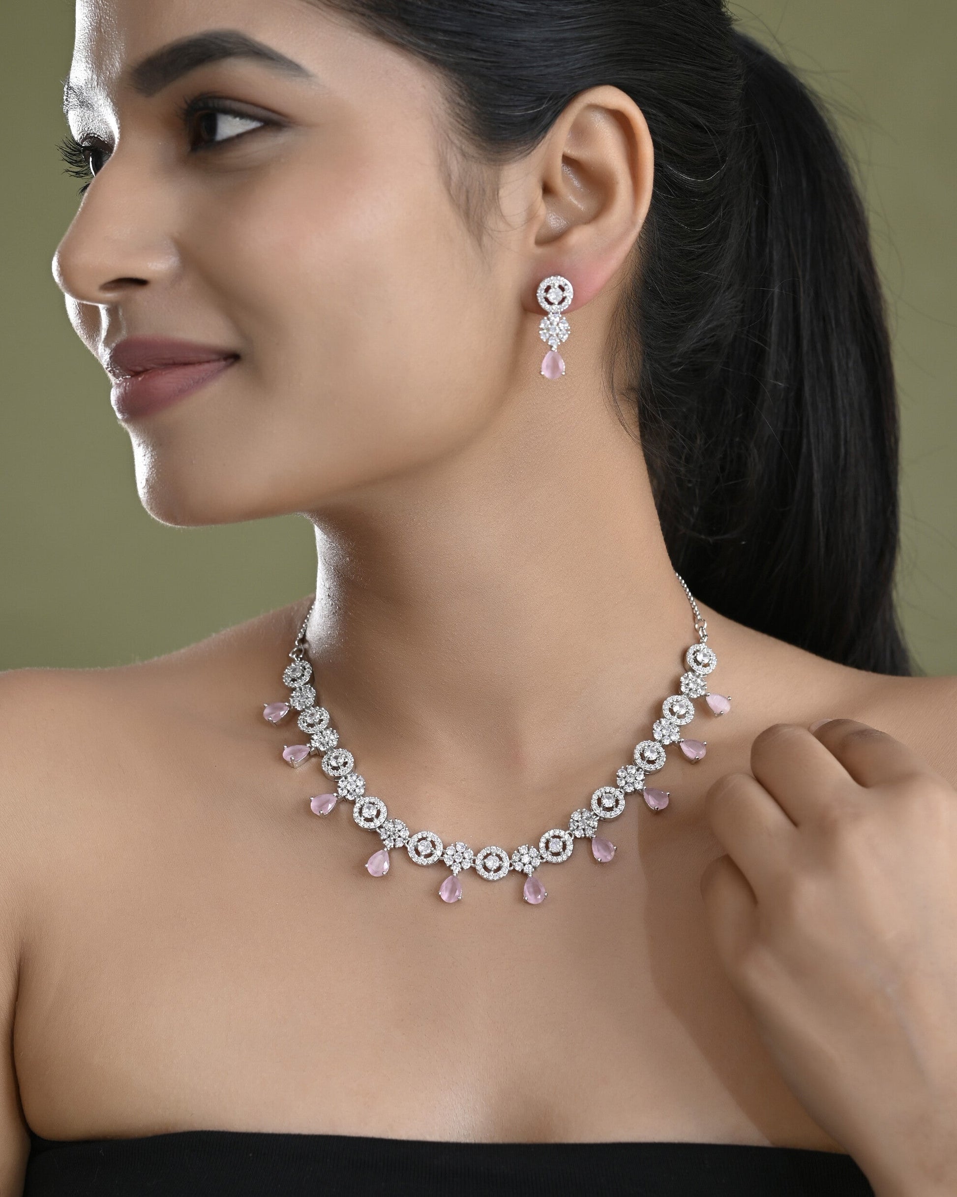 VOJ Silver Plated Baby Pink Stone Floral And Cricular AD Jewellery Set - Swadesiicart