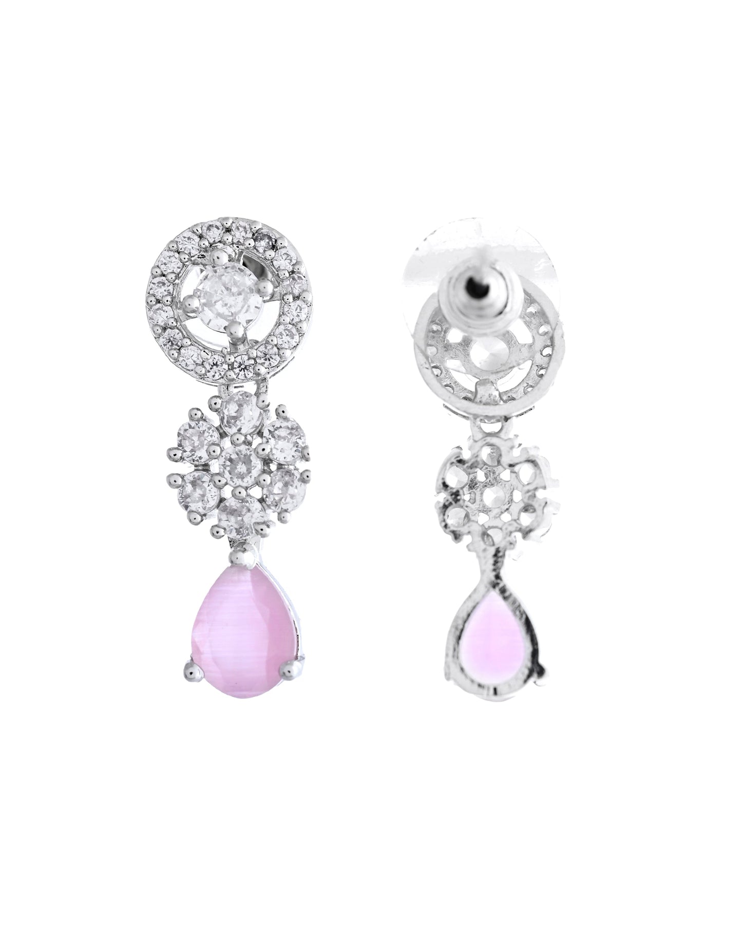 VOJ Silver Plated Baby Pink Stone Floral And Cricular AD Jewellery Set - Swadesiicart