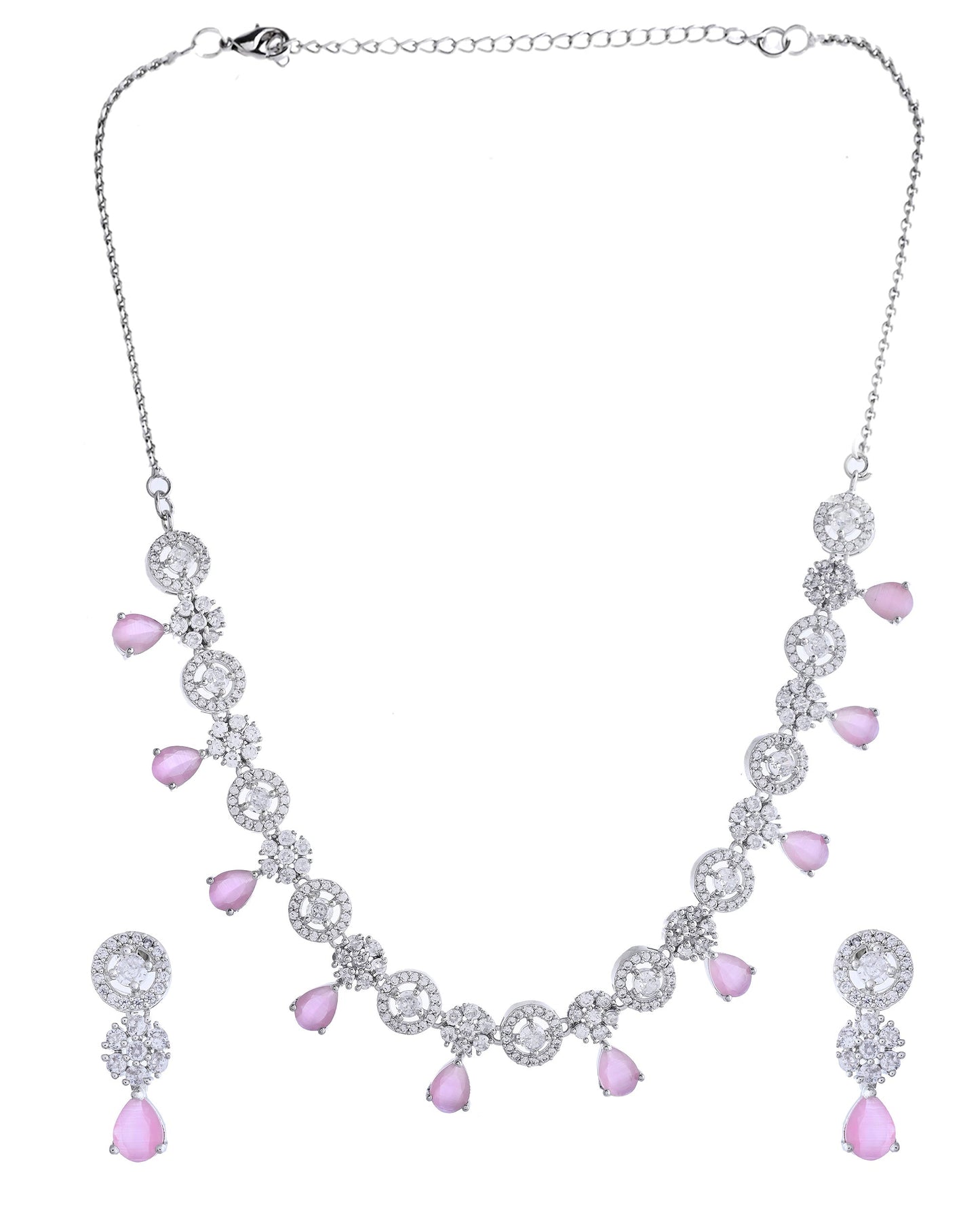 VOJ Silver Plated Baby Pink Stone Floral And Cricular AD Jewellery Set - Swadesiicart