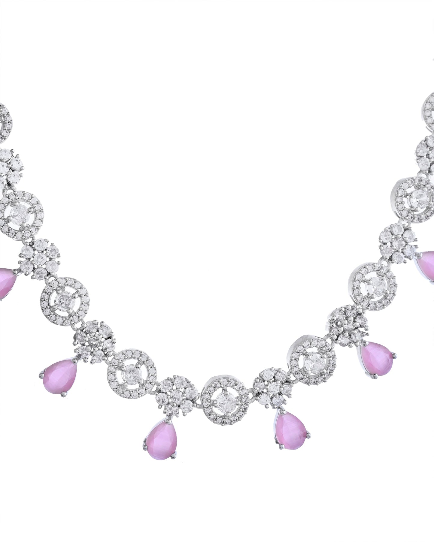 VOJ Silver Plated Baby Pink Stone Floral And Cricular AD Jewellery Set - Swadesiicart