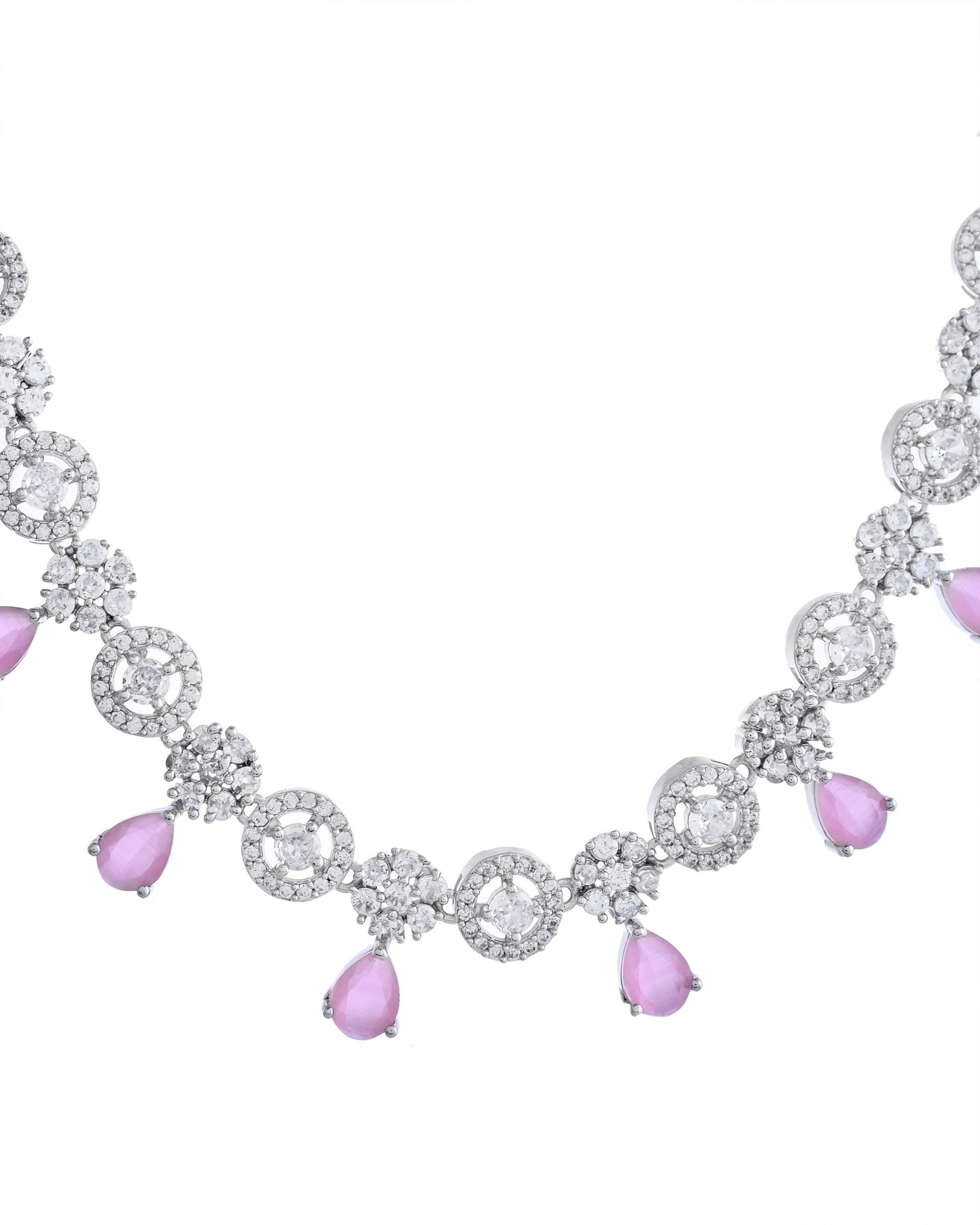 VOJ Silver Plated Baby Pink Stone Floral And Cricular AD Jewellery Set - Swadesiicart