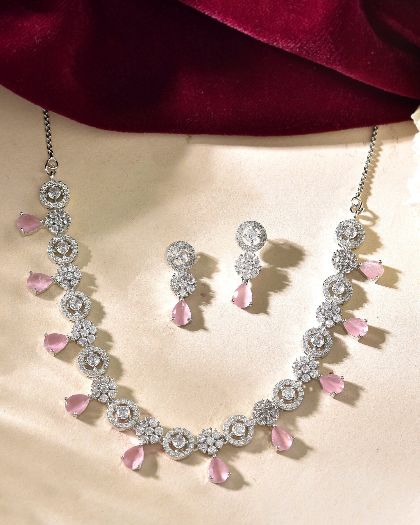 VOJ Silver Plated Baby Pink Stone Floral And Cricular AD Jewellery Set - Swadesiicart