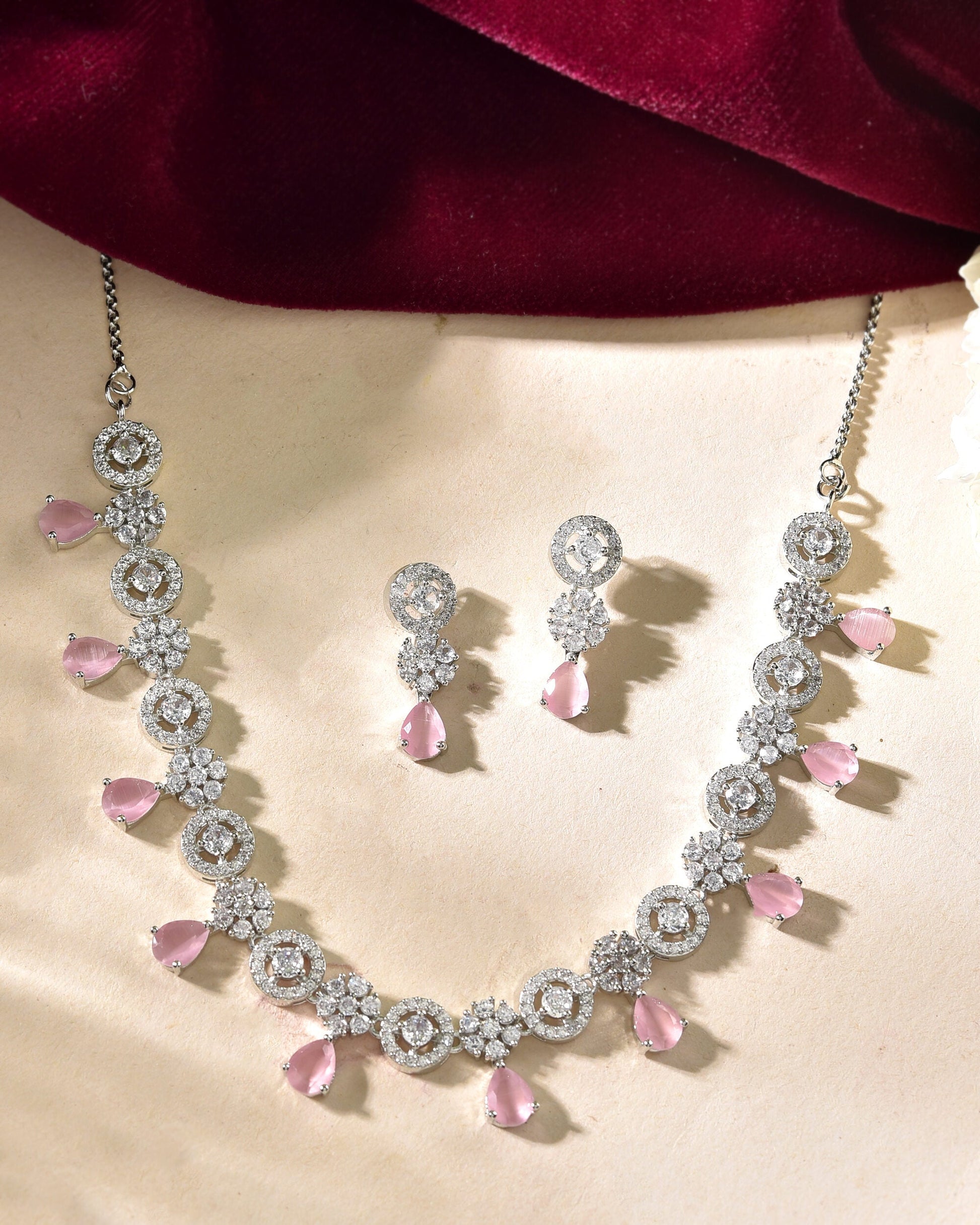 VOJ Silver Plated Baby Pink Stone Floral And Cricular AD Jewellery Set - Swadesiicart