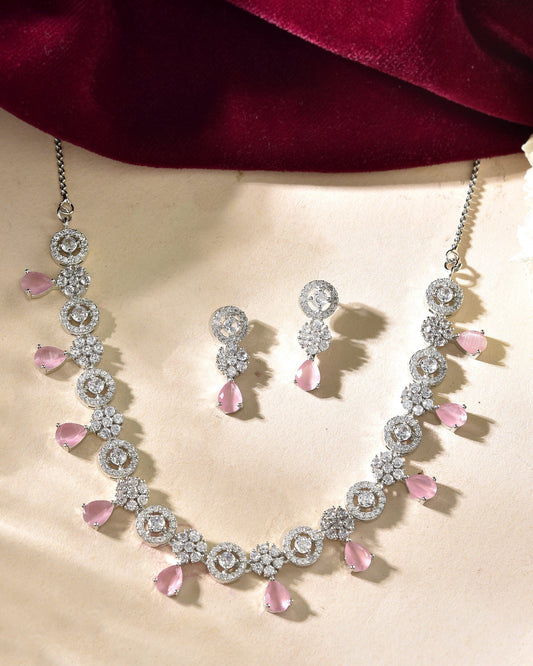 VOJ Silver Plated Baby Pink Stone Floral And Cricular AD Jewellery Set - Swadesiicart