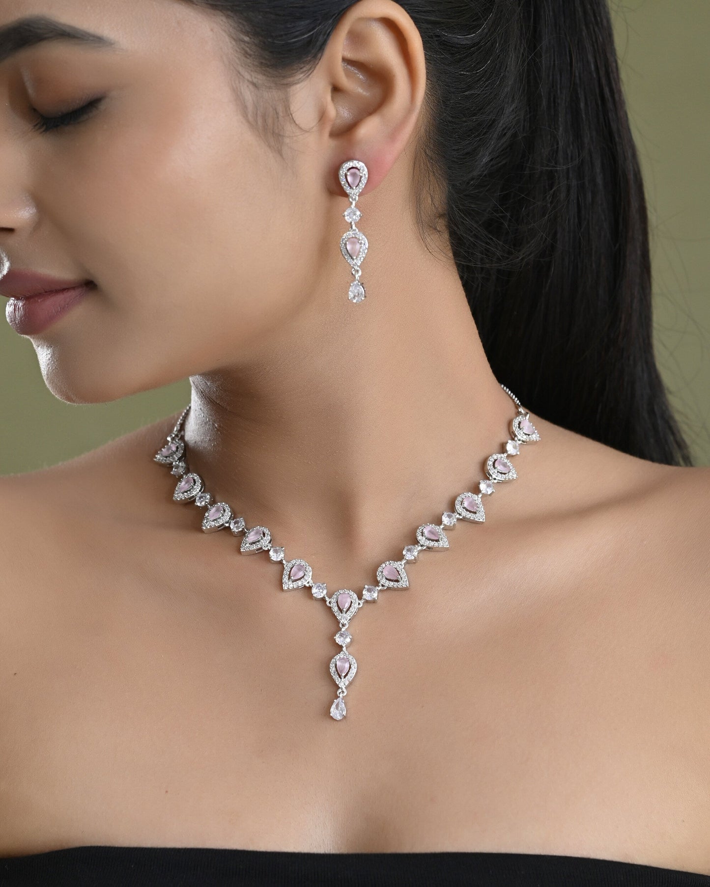 VOJ Silver Plated Baby Pink Stone Tear Drop Shaped AD Jewellery Set - Swadesiicart