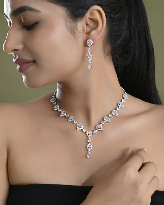 VOJ Silver Plated Baby Pink Stone Tear Drop Shaped AD Jewellery Set - Swadesiicart