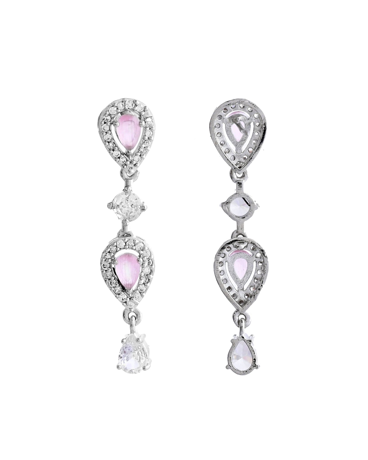 VOJ Silver Plated Baby Pink Stone Tear Drop Shaped AD Jewellery Set - Swadesiicart