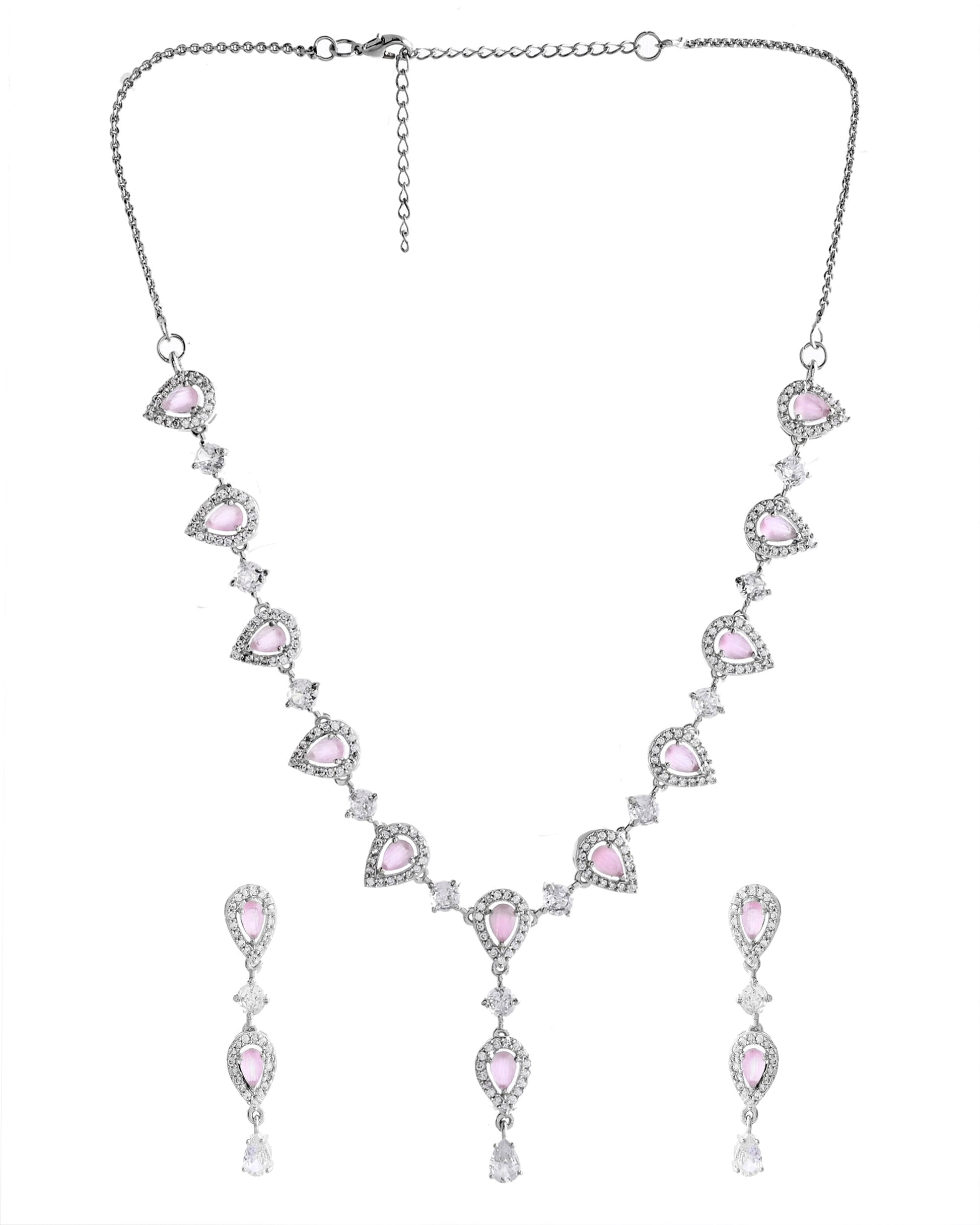 VOJ Silver Plated Baby Pink Stone Tear Drop Shaped AD Jewellery Set - Swadesiicart