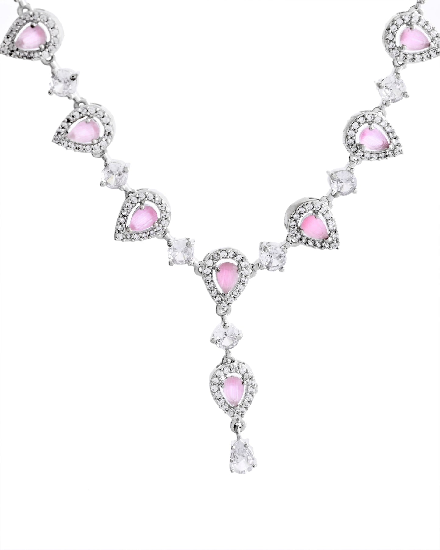 VOJ Silver Plated Baby Pink Stone Tear Drop Shaped AD Jewellery Set - Swadesiicart
