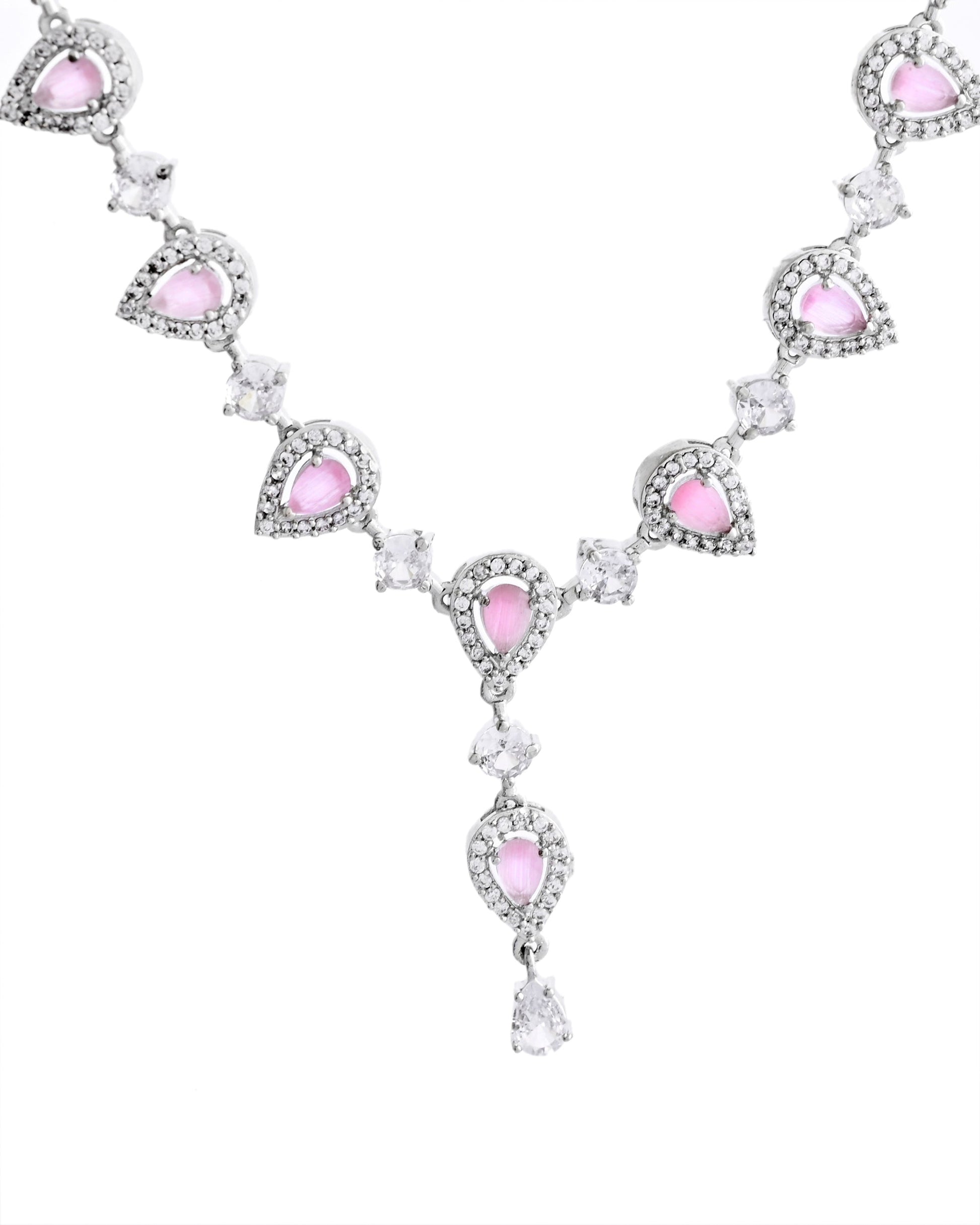 VOJ Silver Plated Baby Pink Stone Tear Drop Shaped AD Jewellery Set - Swadesiicart